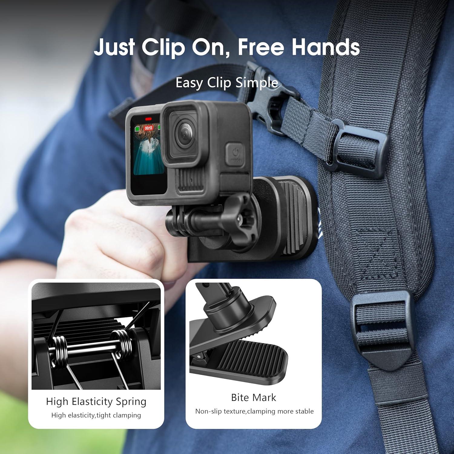 Backpack Strap Quick Clip Mount for DJI Osmo 360 Action 6 5 Nano for Insta360 Go Ultra X5 X4 for Gopro Hero 13 12 11 10 MAX 2, 360° Rotation Magnetic Clamp for AKASO EK7000/Brave Accessories