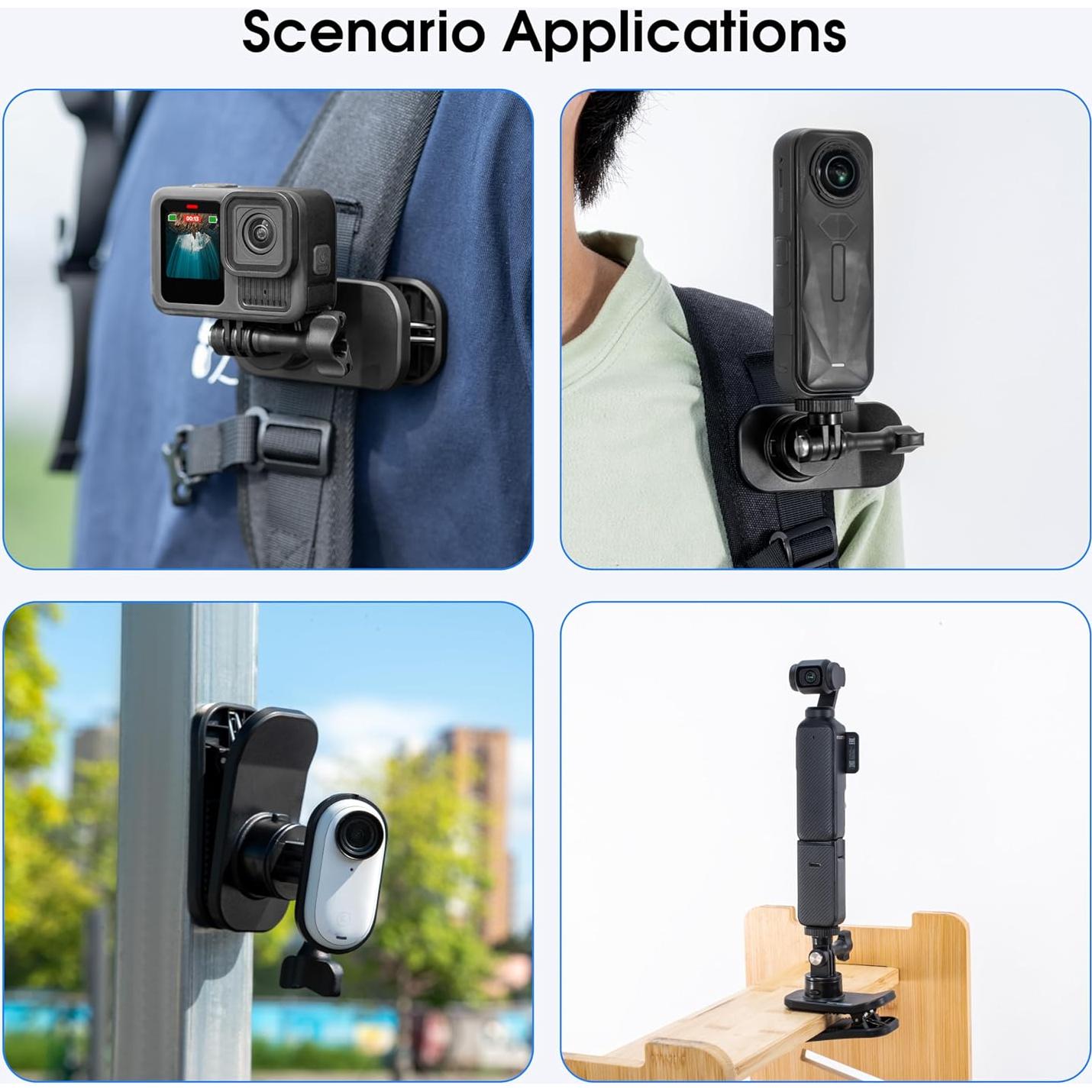 Backpack Strap Quick Clip Mount for DJI Osmo 360 Action 6 5 Nano for Insta360 Go Ultra X5 X4 for Gopro Hero 13 12 11 10 MAX 2, 360° Rotation Magnetic Clamp for AKASO EK7000/Brave Accessories