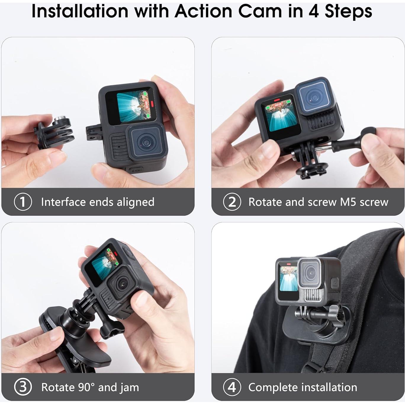 Backpack Strap Quick Clip Mount for DJI Osmo 360 Action 6 5 Nano for Insta360 Go Ultra X5 X4 for Gopro Hero 13 12 11 10 MAX 2, 360° Rotation Magnetic Clamp for AKASO EK7000/Brave Accessories