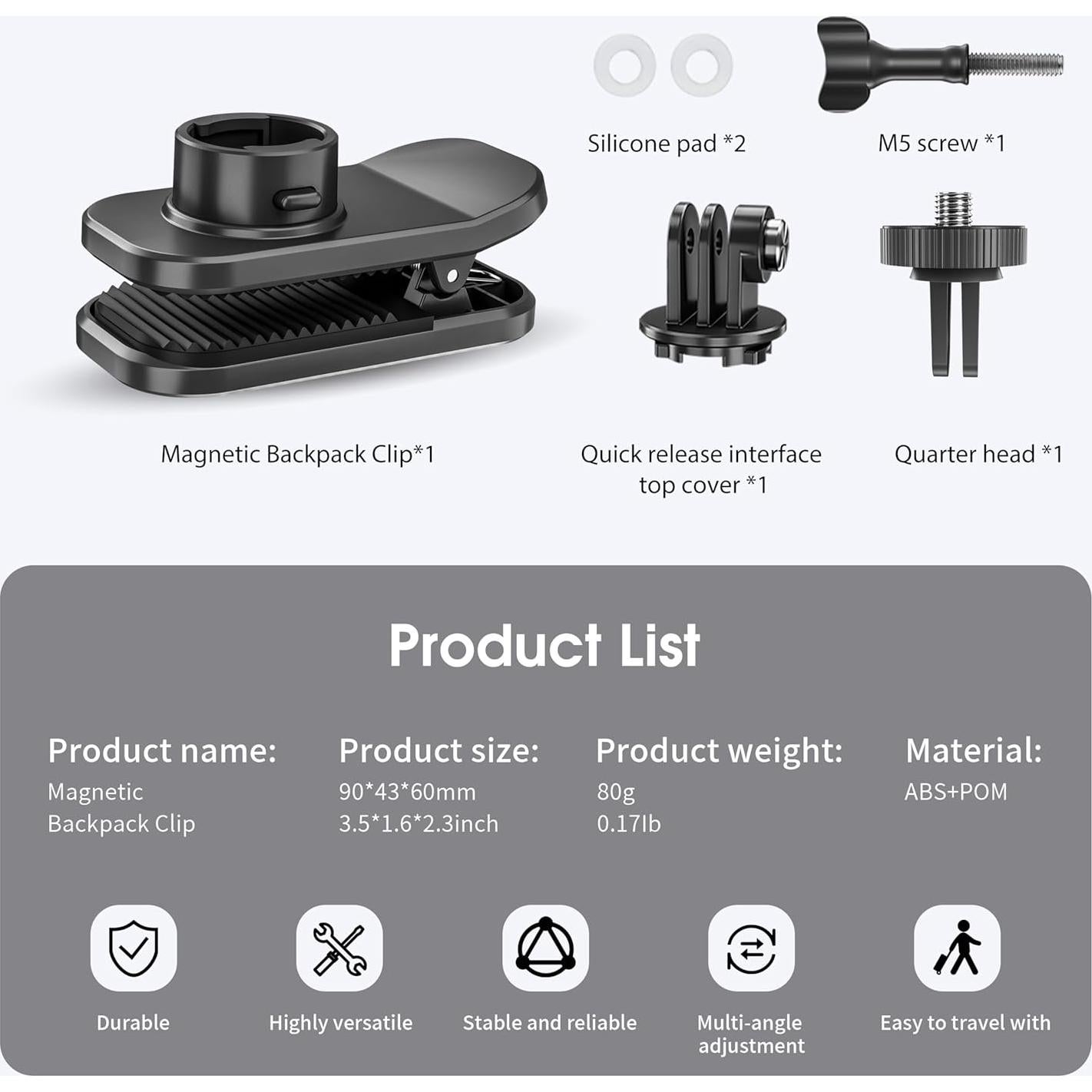 Backpack Strap Quick Clip Mount for DJI Osmo 360 Action 6 5 Nano for Insta360 Go Ultra X5 X4 for Gopro Hero 13 12 11 10 MAX 2, 360° Rotation Magnetic Clamp for AKASO EK7000/Brave Accessories