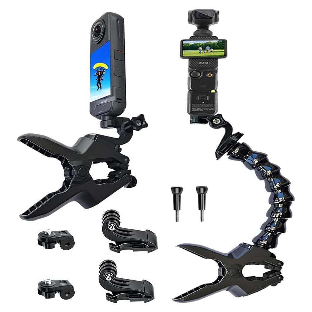 Gooseneck Jaws Clamp Accessories for DJI OSMO Pocket 3 2 Flexible Mount for Insta 360 X5 / X4 Insta360 ACE Go 3s for Gopro Hero 13 12 11 10 9 8 7 Black, DJI Action 5 Pro / 4 3, Akaso Cameras 10E