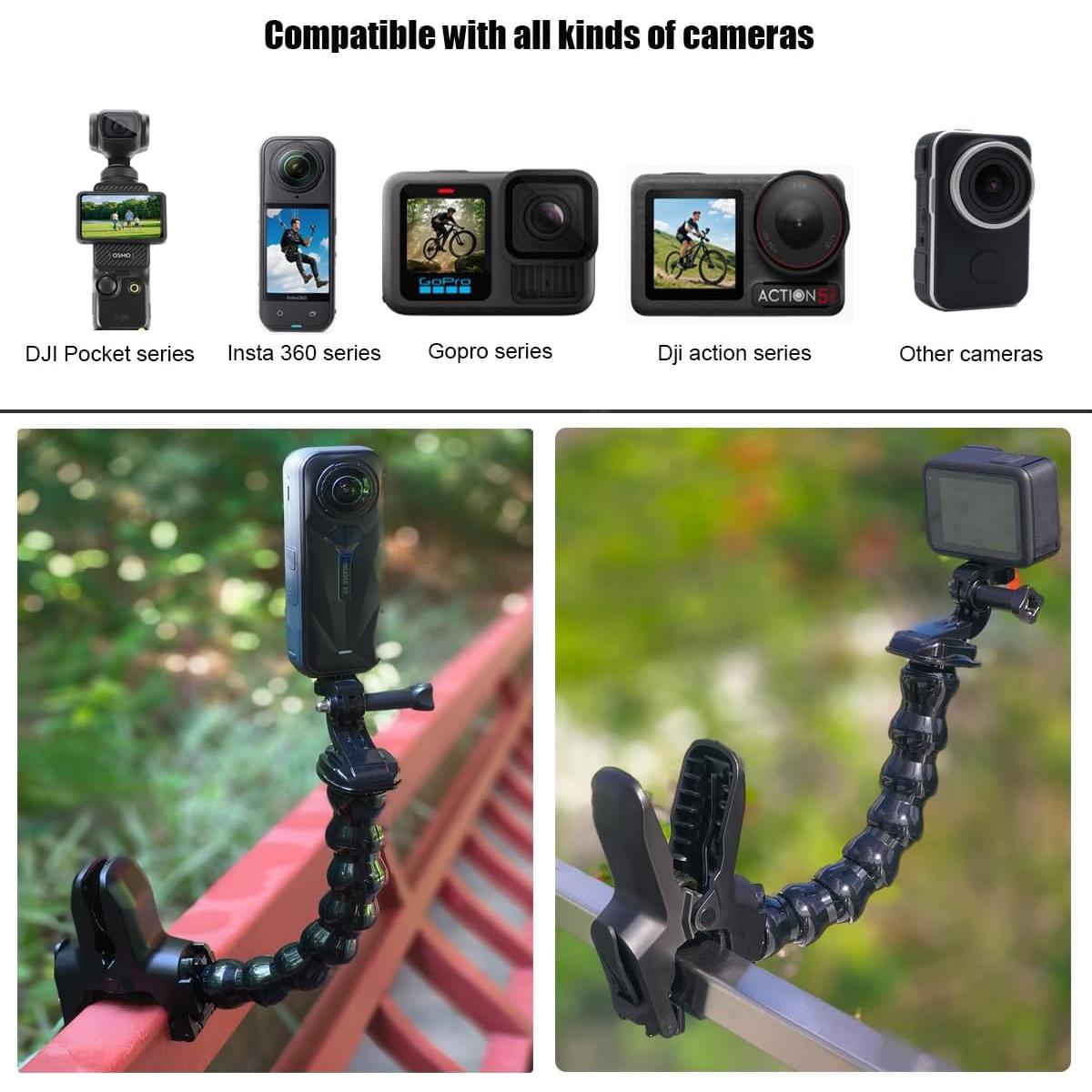 Gooseneck Jaws Clamp Accessories for DJI OSMO Pocket 3 2 Flexible Mount for Insta 360 X5 / X4 Insta360 ACE Go 3s for Gopro Hero 13 12 11 10 9 8 7 Black, DJI Action 5 Pro / 4 3, Akaso Cameras 10E