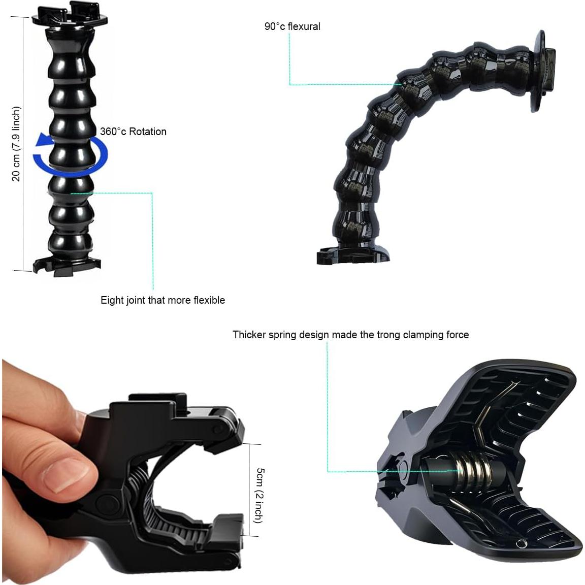 Gooseneck Jaws Clamp Accessories for DJI OSMO Pocket 3 2 Flexible Mount for Insta 360 X5 / X4 Insta360 ACE Go 3s for Gopro Hero 13 12 11 10 9 8 7 Black, DJI Action 5 Pro / 4 3, Akaso Cameras 10E