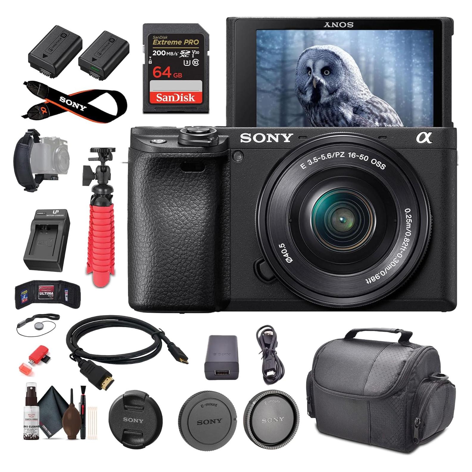 Sony Alpha a6400 Mirrorless Digital Camera with 16–50mm Power Zoom Lens (ILCE-6400L/B) – 24.2 MP APS-C, 4K Video, Real-Time Eye AF + 64GB Memory Card + NP-FW50 Battery and More