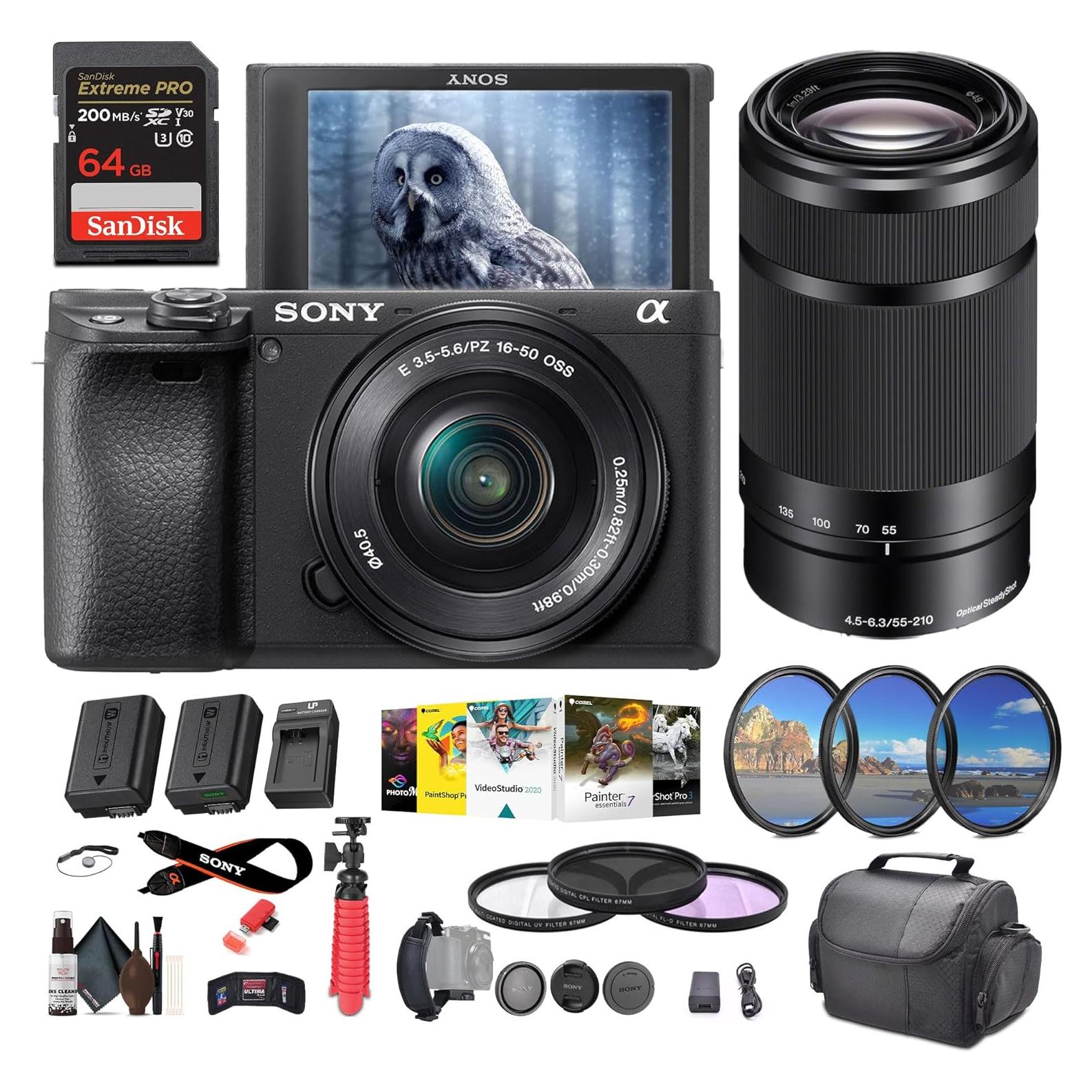 Alpha a6400 Mirrorless Digital Camera with 16–50mm Power Zoom Lens (ILCE-6400L/B) – 24.2 MP APS-C, 4K Video, Real-Time Eye AF w/Sony E 55-210mm f/4.5-6.3 OSS Lens + 64GB Card and More
