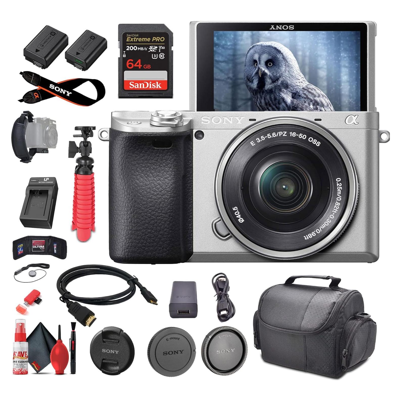Sony a6400 Mirrorless Camera with 16-50mm Lens (Silver) with Real-Time Eye Auto Focus (ILCE-6400L/S) + 64GB Memory Card + NP-FW50 Battery + Charger + Case + Flexible Tripod + More(Renewed)