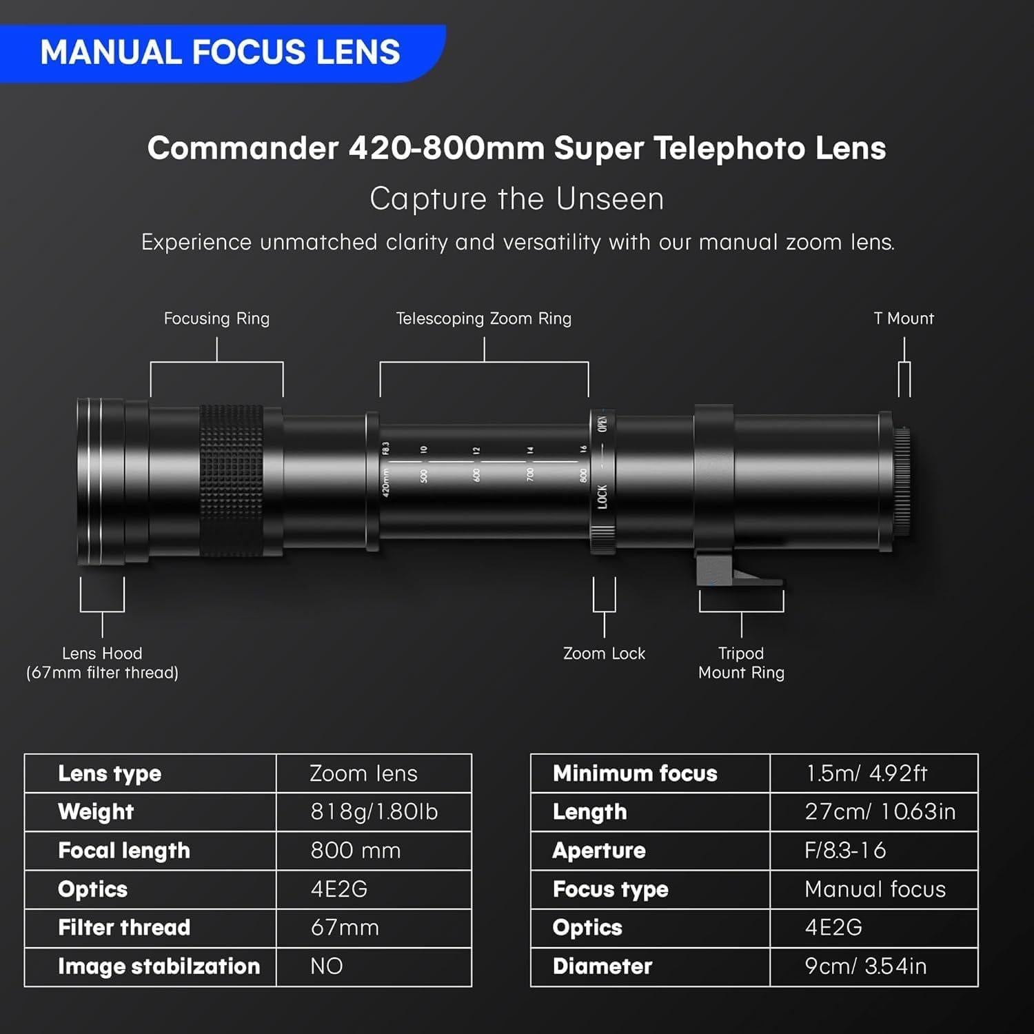 Lente Telefoto Zoom 420-800mm Commander Optics para Sony