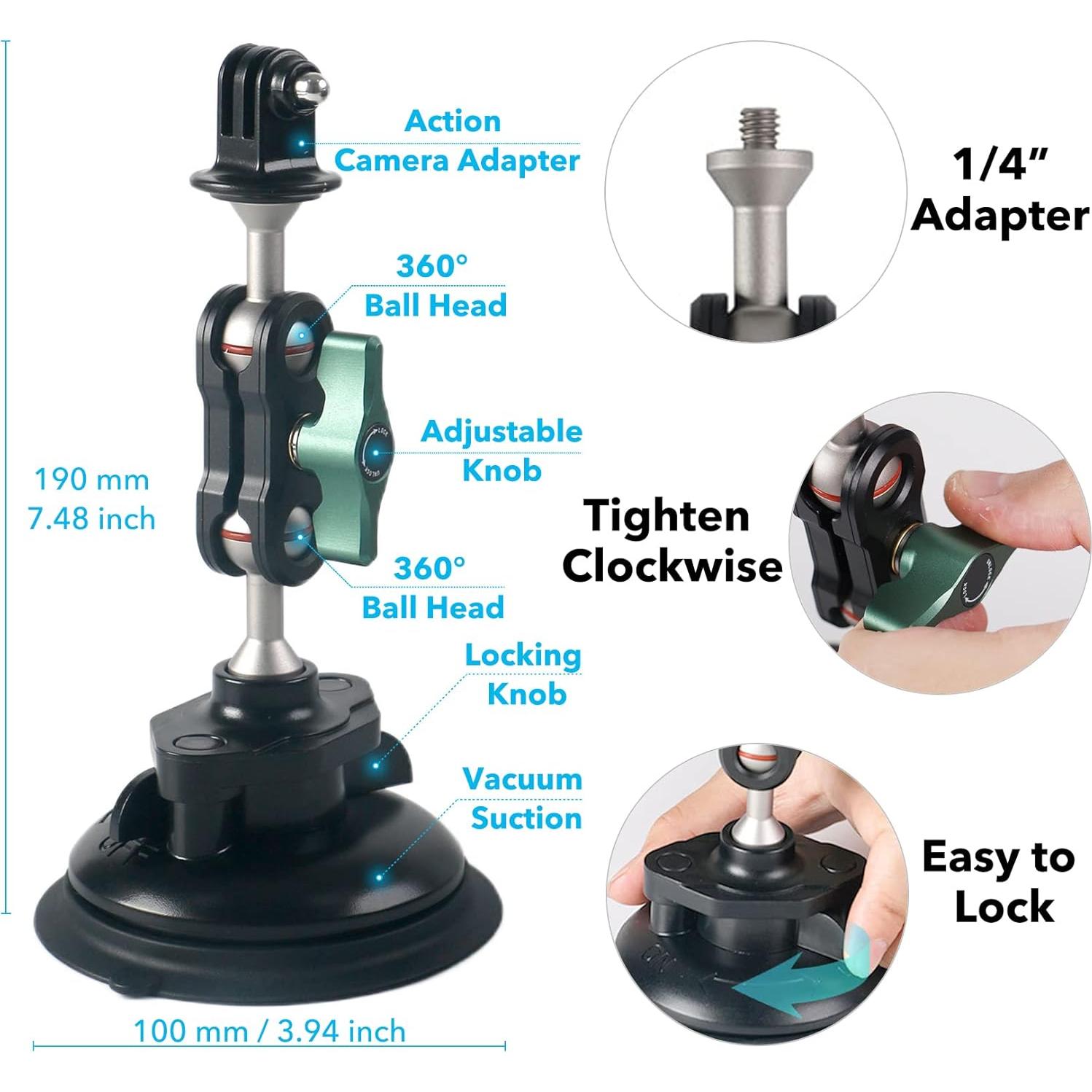 Aluminum Suction Cup Camera Mount for Car, Suction Cup Mount with 360° Rotation Ball Head for DJI OSMO Action Camera, Nikon Canon Sony Camcorder DSLR Cameras