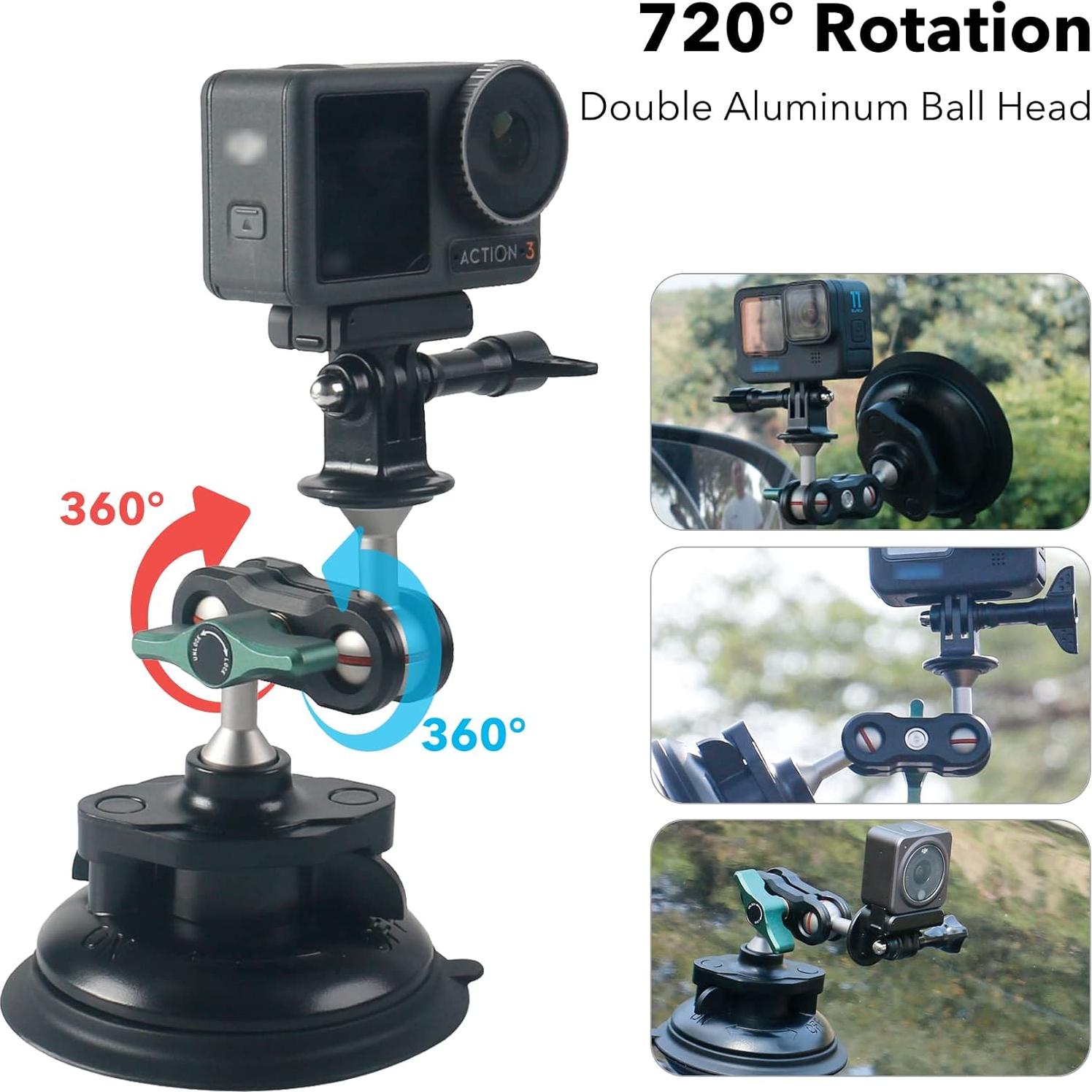 Aluminum Suction Cup Camera Mount for Car, Suction Cup Mount with 360° Rotation Ball Head for DJI OSMO Action Camera, Nikon Canon Sony Camcorder DSLR Cameras