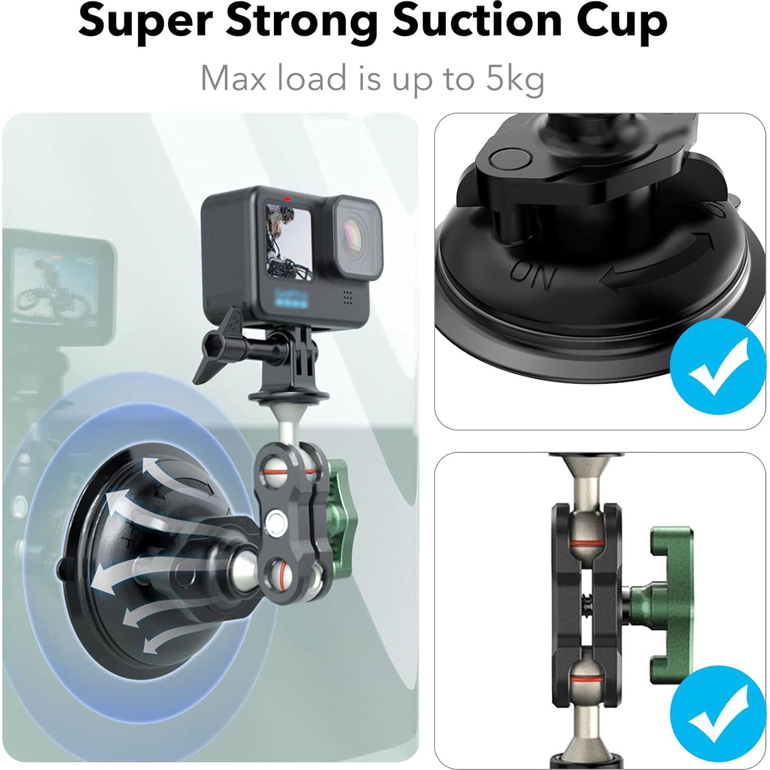 Aluminum Suction Cup Camera Mount for Car, Suction Cup Mount with 360° Rotation Ball Head for DJI OSMO Action Camera, Nikon Canon Sony Camcorder DSLR Cameras