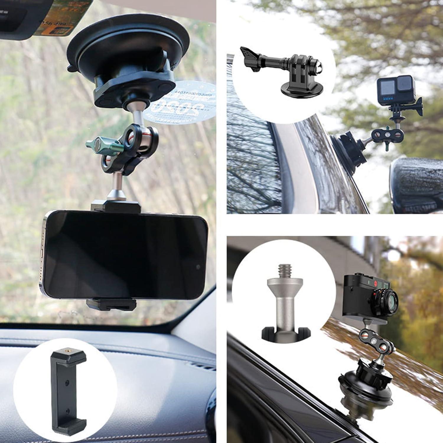 Aluminum Suction Cup Camera Mount for Car, Suction Cup Mount with 360° Rotation Ball Head for DJI OSMO Action Camera, Nikon Canon Sony Camcorder DSLR Cameras