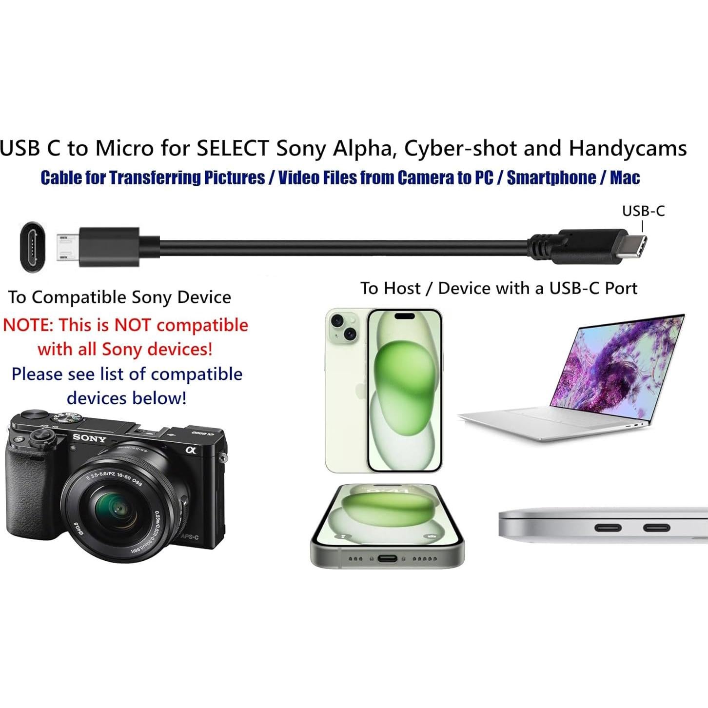 Cable USB C a Micro para cámaras Sony Alpha y Cyber-shot