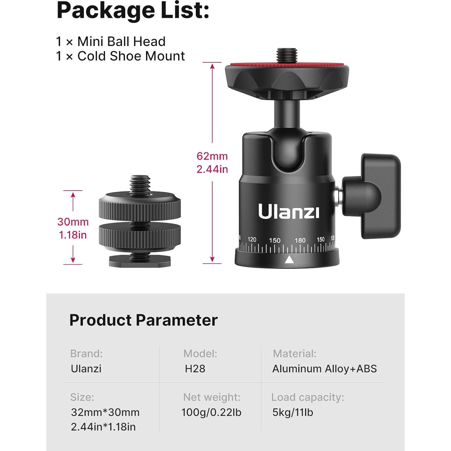 Cabezal de Bola Mini ULANZI H28 con Adaptador Dual para DSLR