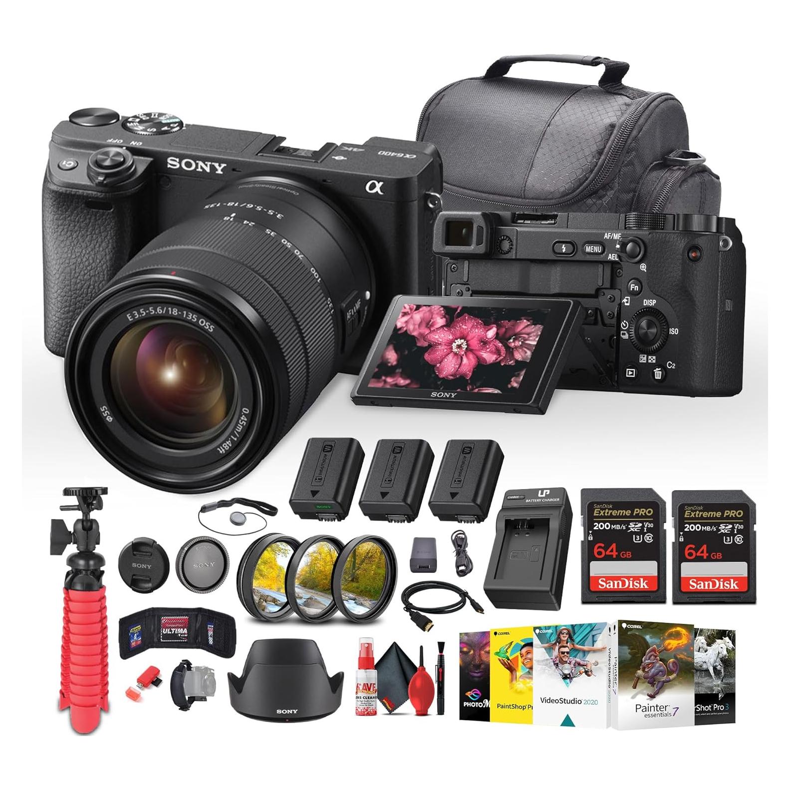 Sony a6400 Mirrorless Camera with 18-135mm Lens with Real-Time Eye Auto Focus, 4K Video (ILCE-6400M/B) + 2 x 64GB Card + 2 x NP-FW50 Battery + Photography Software + Filter Kit + More (Renewed)