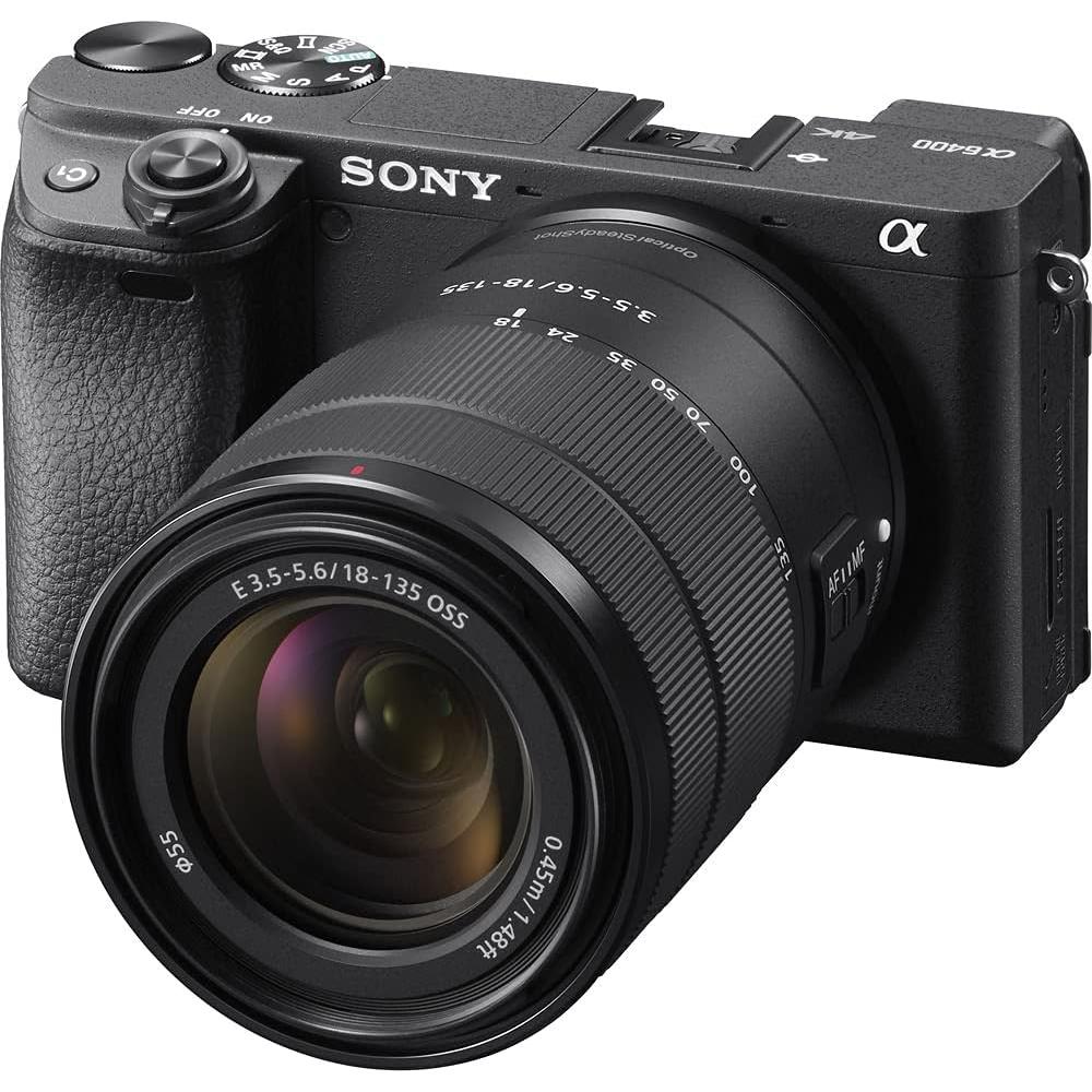 Sony a6400 Mirrorless Camera with 18-135mm Lens with Real-Time Eye Auto Focus, 4K Video (ILCE-6400M/B) + 2 x 64GB Card + 2 x NP-FW50 Battery + Photography Software + Filter Kit + More (Renewed)