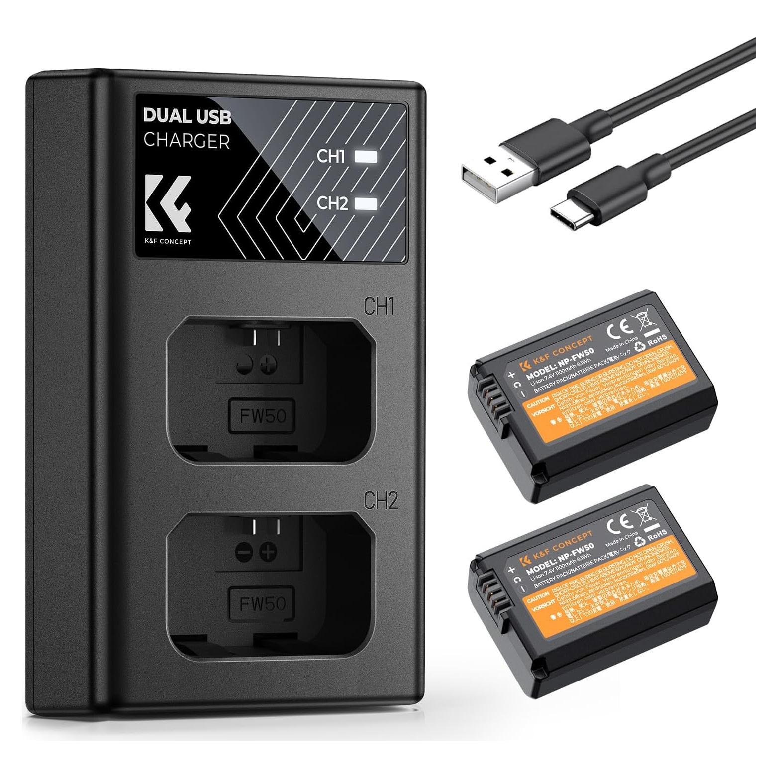 K&F CONCEPT NP-FW50 Battery and Dual Slot Charger for Sony ZV-E10 A6500 A6400 A6300 A6000 A7 A7II A7RII A7SII A7S A7R A7R2 NEX-3 NEX-5 Cameras