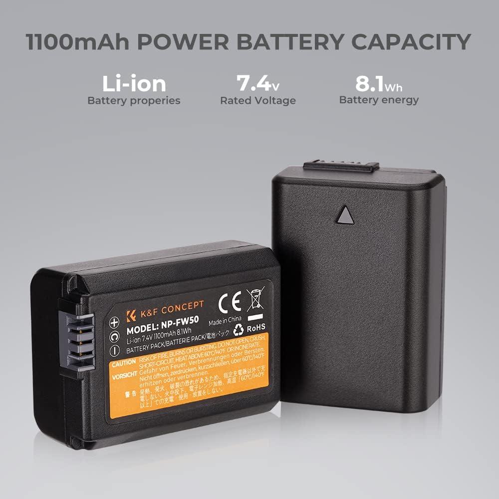 K&F CONCEPT NP-FW50 Battery and Dual Slot Charger for Sony ZV-E10 A6500 A6400 A6300 A6000 A7 A7II A7RII A7SII A7S A7R A7R2 NEX-3 NEX-5 Cameras