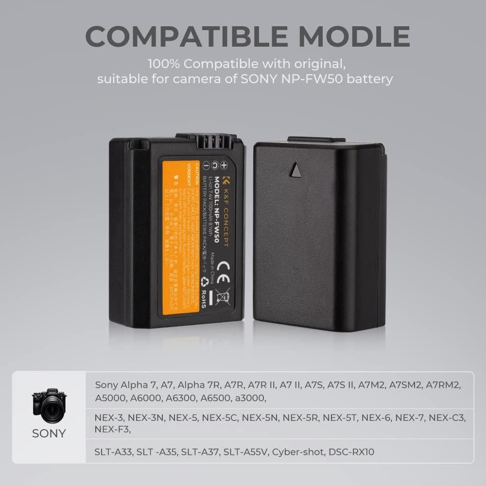 K&F CONCEPT NP-FW50 Battery and Dual Slot Charger for Sony ZV-E10 A6500 A6400 A6300 A6000 A7 A7II A7RII A7SII A7S A7R A7R2 NEX-3 NEX-5 Cameras