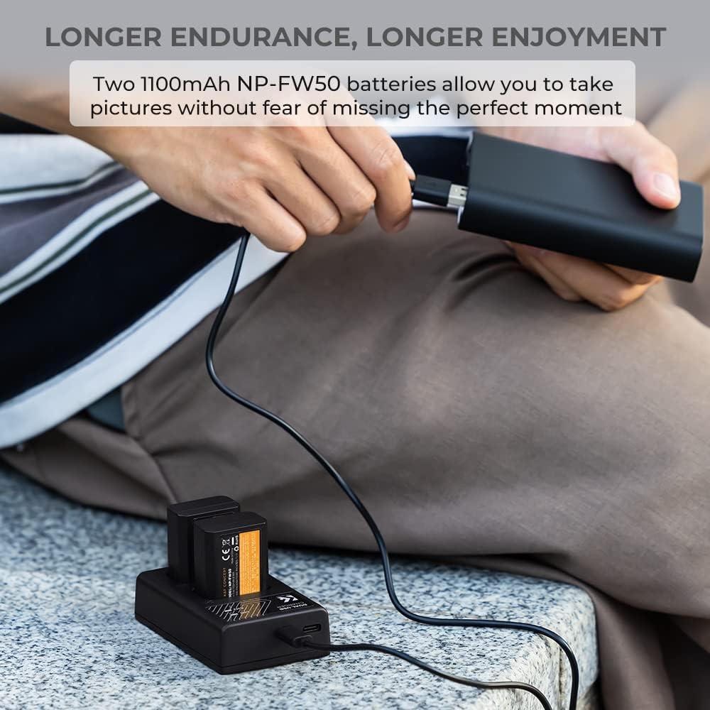 K&F CONCEPT NP-FW50 Battery and Dual Slot Charger for Sony ZV-E10 A6500 A6400 A6300 A6000 A7 A7II A7RII A7SII A7S A7R A7R2 NEX-3 NEX-5 Cameras