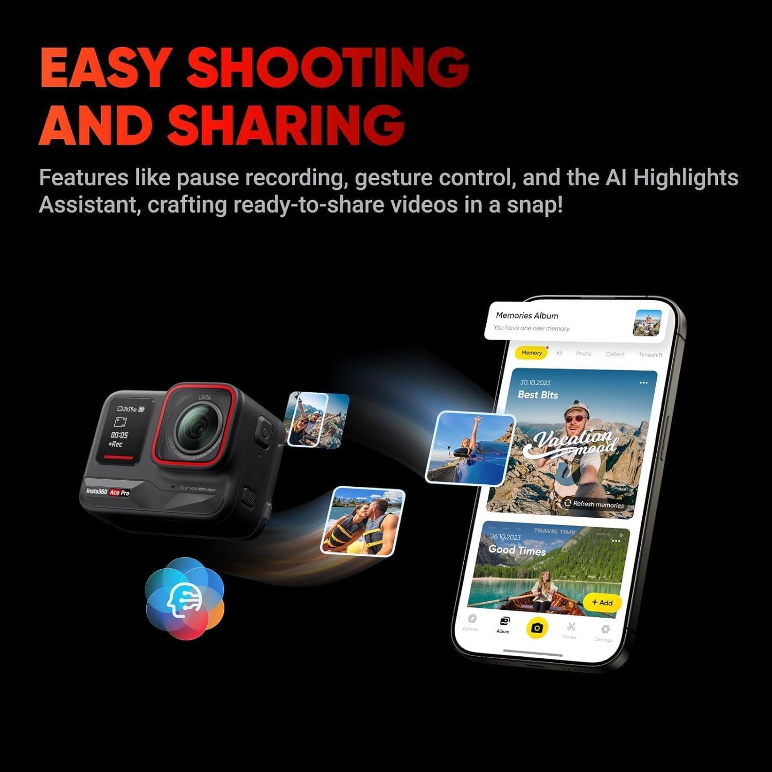 Insta360 Ace Pro - Waterproof Action Camera Co-Engineered with Leica, Flagship 1/1.3"" Sensor, 8K24, 4K120fps, 48MP, Active HDR, 2.4"" Flip Screen|Bundle Includes Multi Mount, 256GB Card, Black