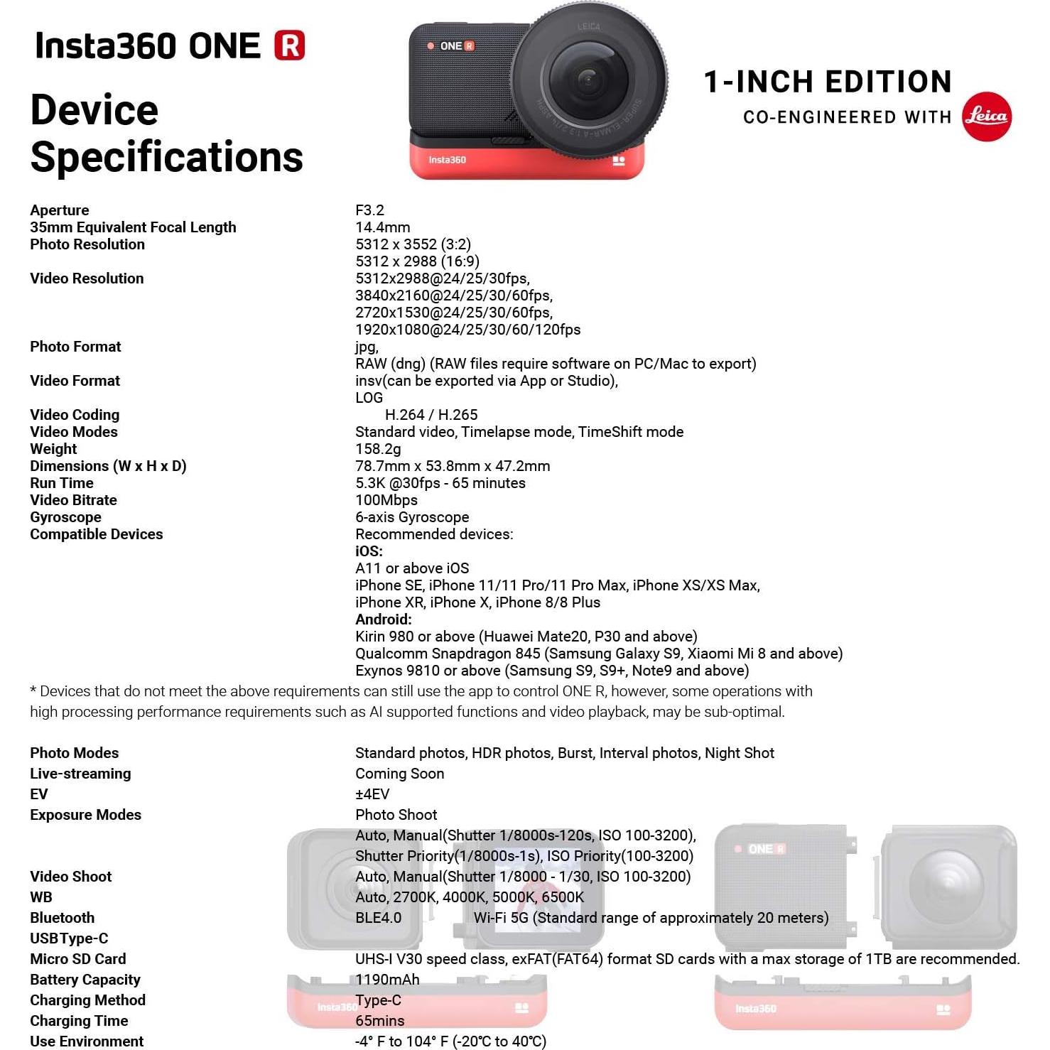 Cámara de acción Insta360 ONE R 1" 5.3K 30fps + 128GB