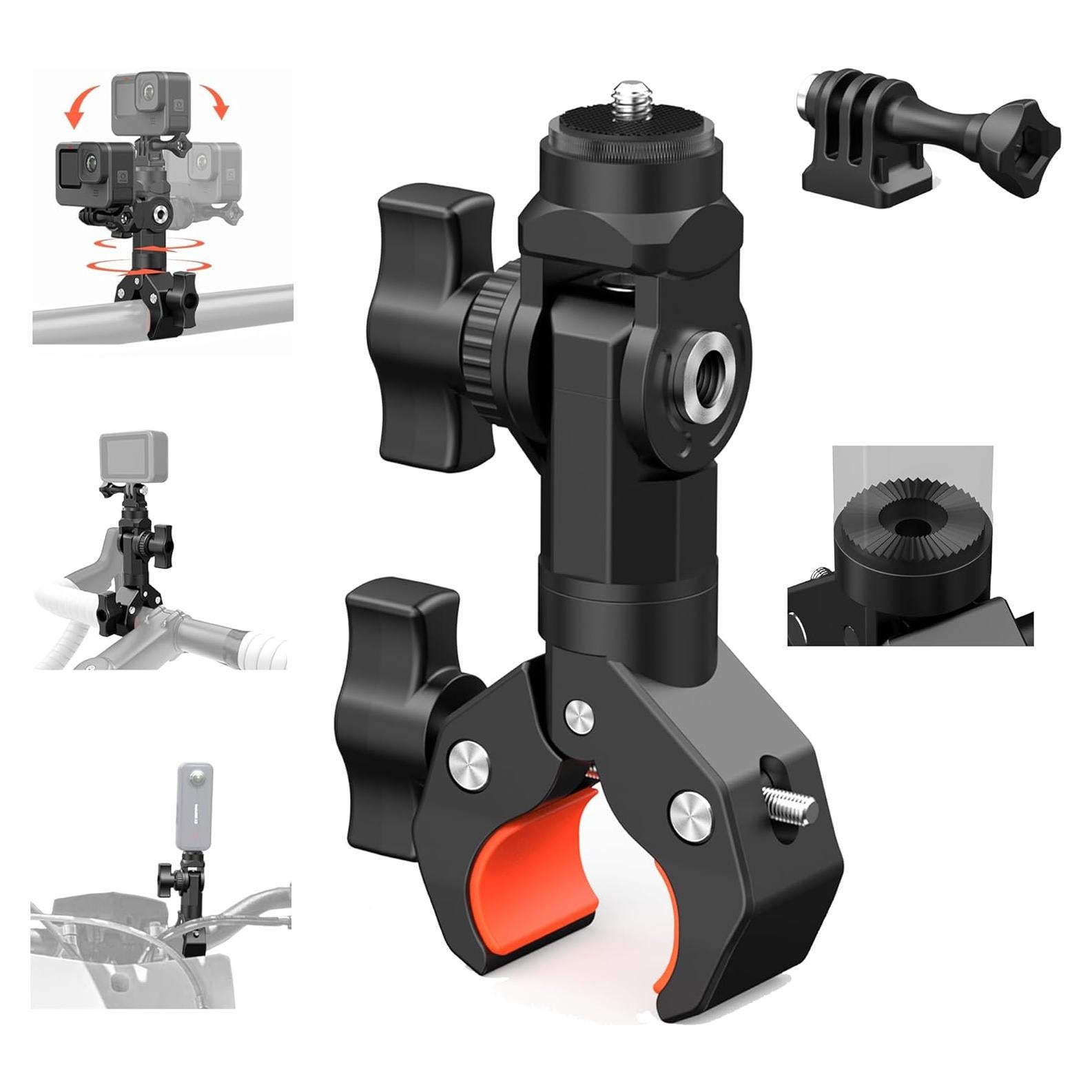 Bike Motorcycle Handlebar Camera Clamp Mount for Gopro Insta360 X5 X4 X3 X2 ONE RS R Mevo Start DJI Action Cameras, Super Clamp Bracket with 1/4" Thread Interface Magic Arm for Moto/Bicycle/Pole