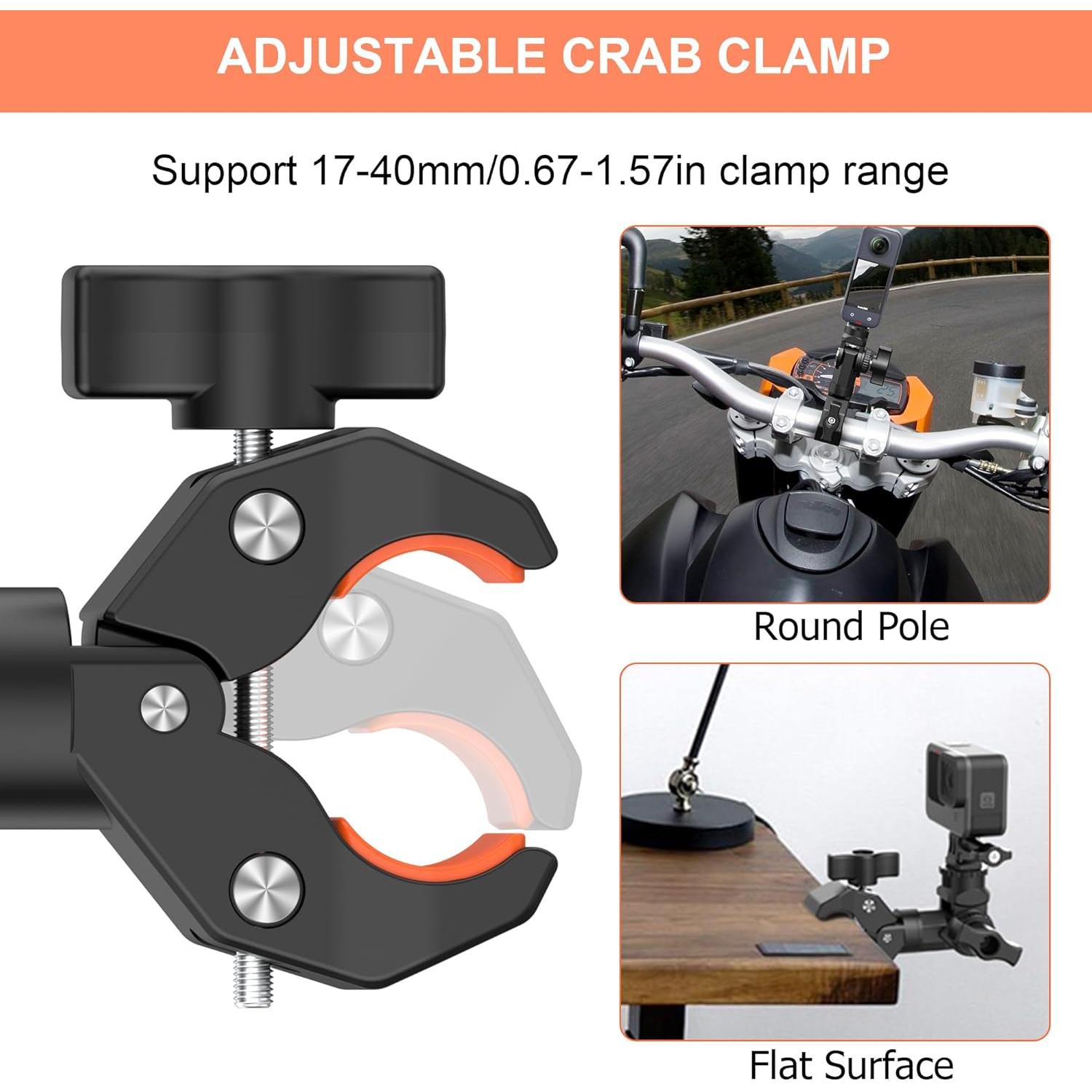Bike Motorcycle Handlebar Camera Clamp Mount for Gopro Insta360 X5 X4 X3 X2 ONE RS R Mevo Start DJI Action Cameras, Super Clamp Bracket with 1/4" Thread Interface Magic Arm for Moto/Bicycle/Pole