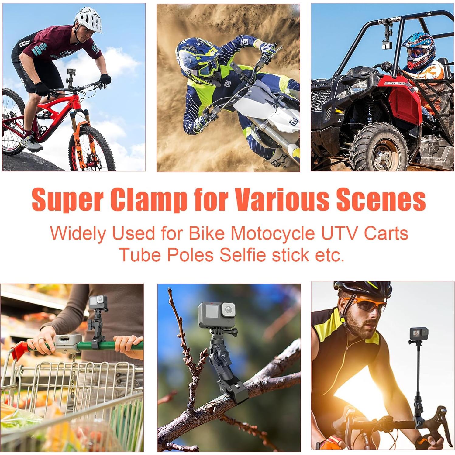 Bike Motorcycle Handlebar Camera Clamp Mount for Gopro Insta360 X5 X4 X3 X2 ONE RS R Mevo Start DJI Action Cameras, Super Clamp Bracket with 1/4" Thread Interface Magic Arm for Moto/Bicycle/Pole