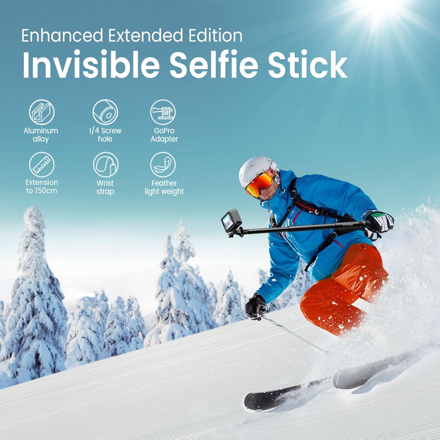 1.5M Super Long Invisible Selfie Stick, 4.9ft Extension Monopod Pole with Adapter Compatiblr with Insta360 X4，Insta360 X5,ONE X2 DJI OSMO Gopro Action Camera Wrist Strap Included