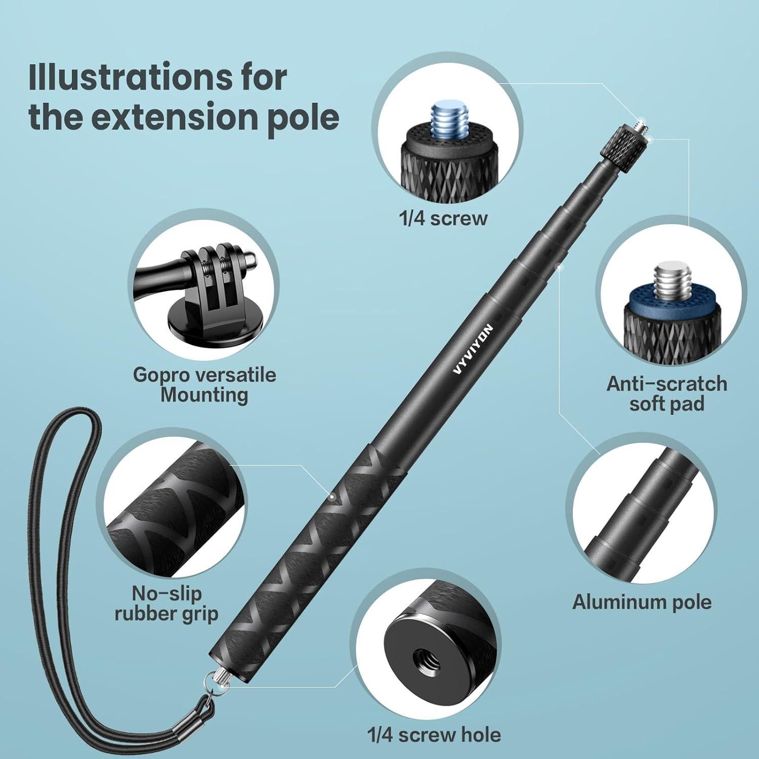 1.5M Super Long Invisible Selfie Stick, 4.9ft Extension Monopod Pole with Adapter Compatiblr with Insta360 X4，Insta360 X5,ONE X2 DJI OSMO Gopro Action Camera Wrist Strap Included