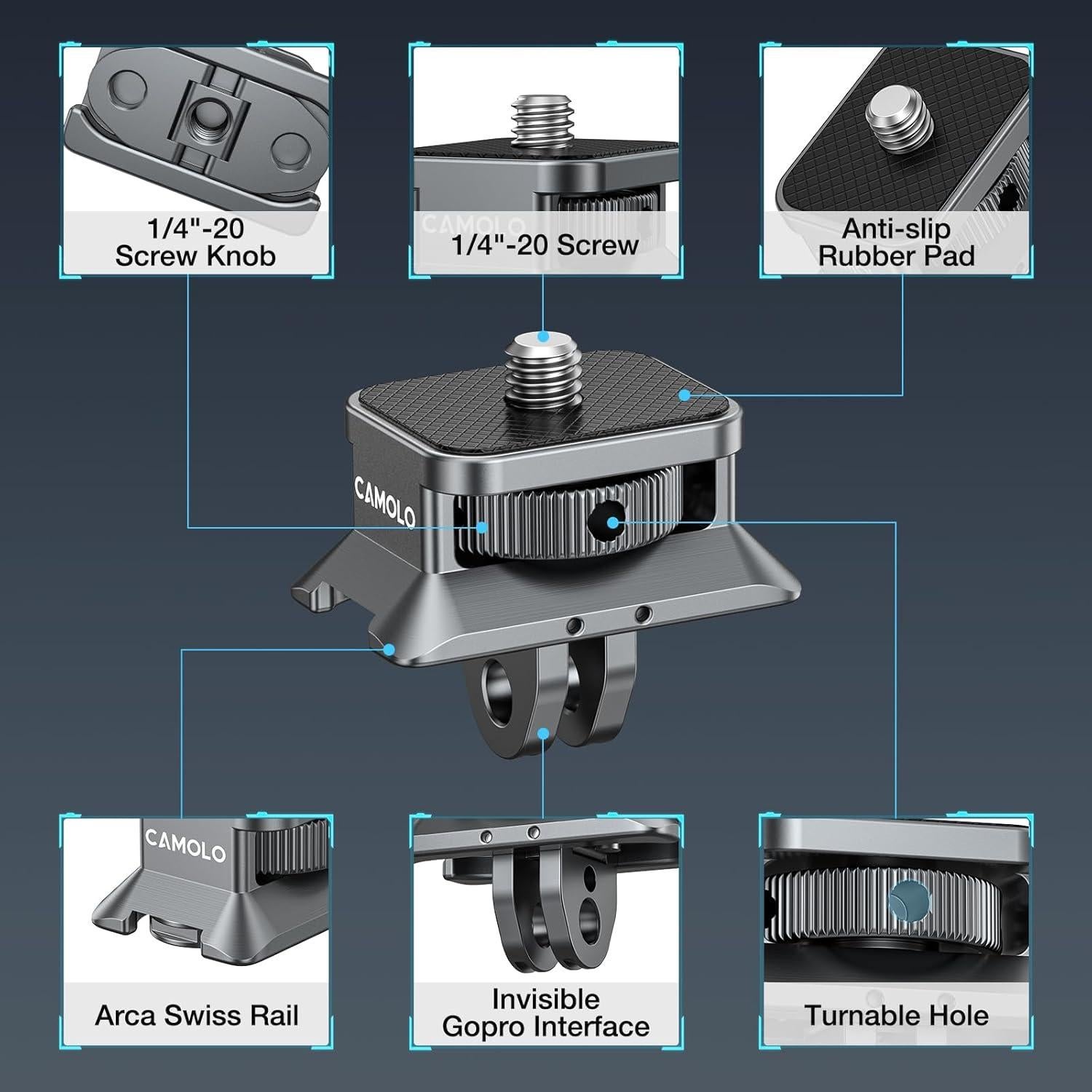 Adaptador de tornillo Arca GP-01 para cámaras GoPro y 360