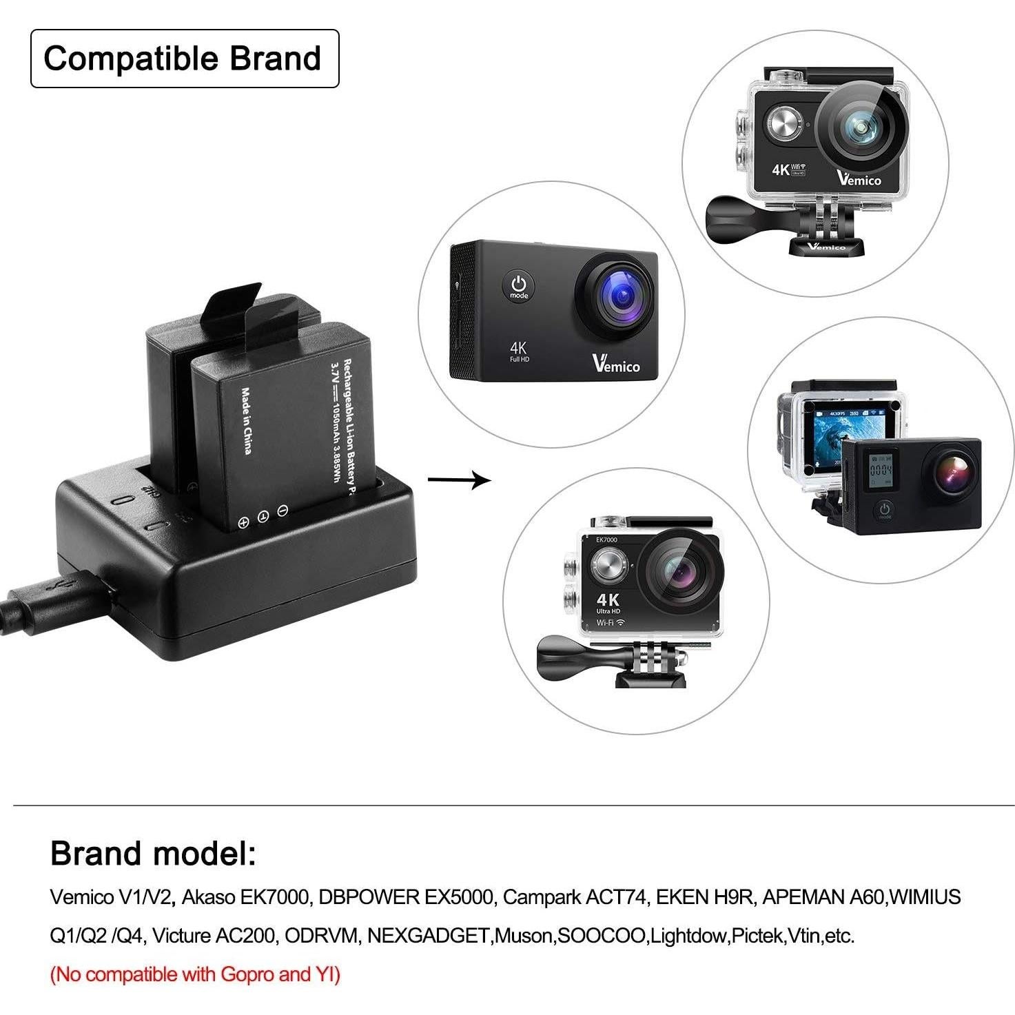 Action Camera Battery, 3x1050mAh Rechargeable Sports Action Camera Battery for AKASO/Campark APEMAN/DBPOWER/NEXGADGET/WiMiUS/Lightdow/EKEN with Dual Battery Charger Kit