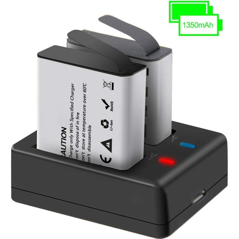 1350mAh Action Camera Rechargeable Batteries (2-Pack) with Dual USB Charger,for AKASO Brave 4/V50X, Dragon Touch, Crosstour CT8500, Campark X30, APEMAN A100/A77, PG900/PG1050 and More