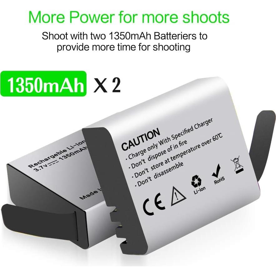 1350mAh Action Camera Rechargeable Batteries (2-Pack) with Dual USB Charger,for AKASO Brave 4/V50X, Dragon Touch, Crosstour CT8500, Campark X30, APEMAN A100/A77, PG900/PG1050 and More