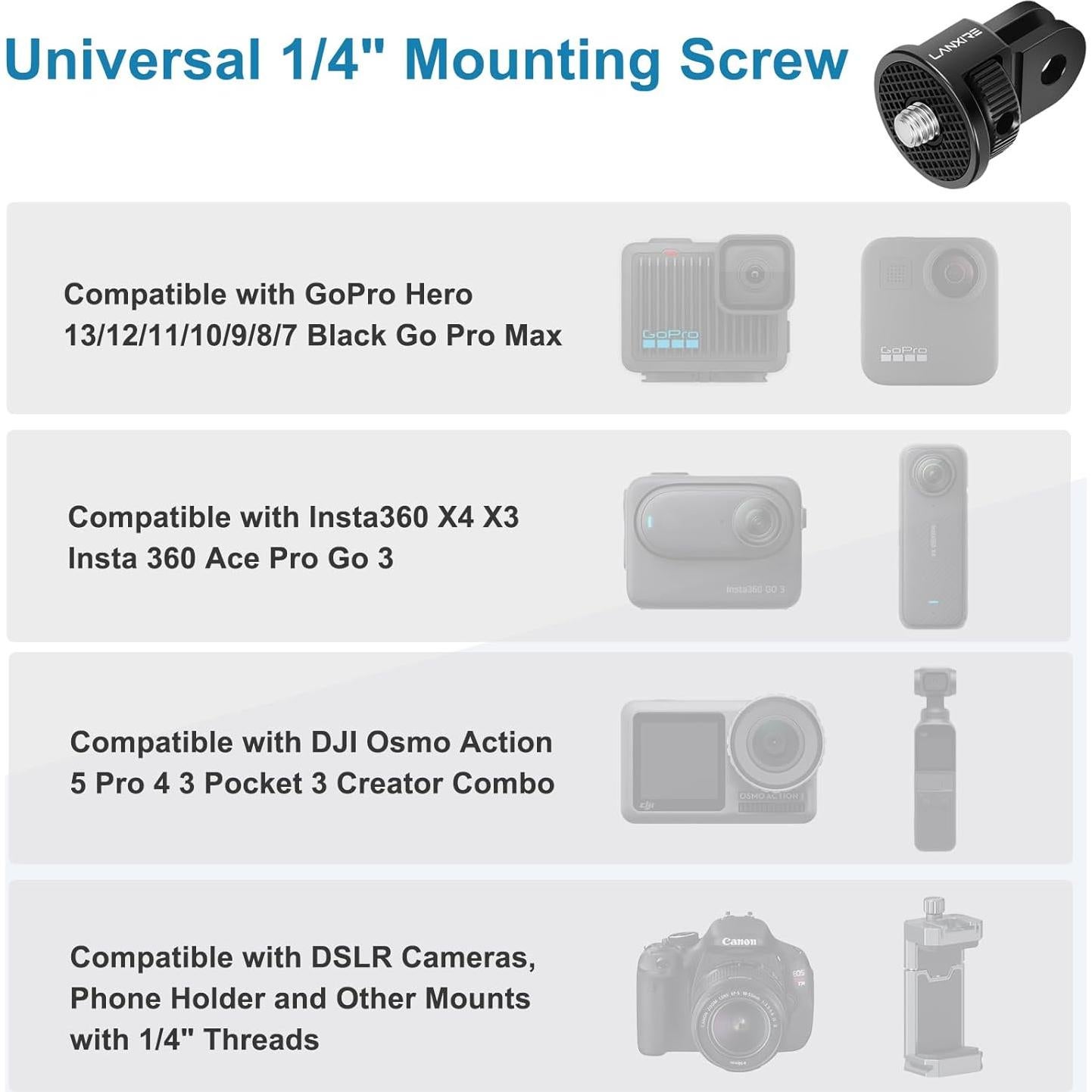 Action Camera Mount Adapter with 1/4" Screw, Aluminum Alloy Camera Tripod Adapter Compatible with GoPro Hero 13/12, Insta360 X4/X3, DJI Osmo Pocket 3, AKASO