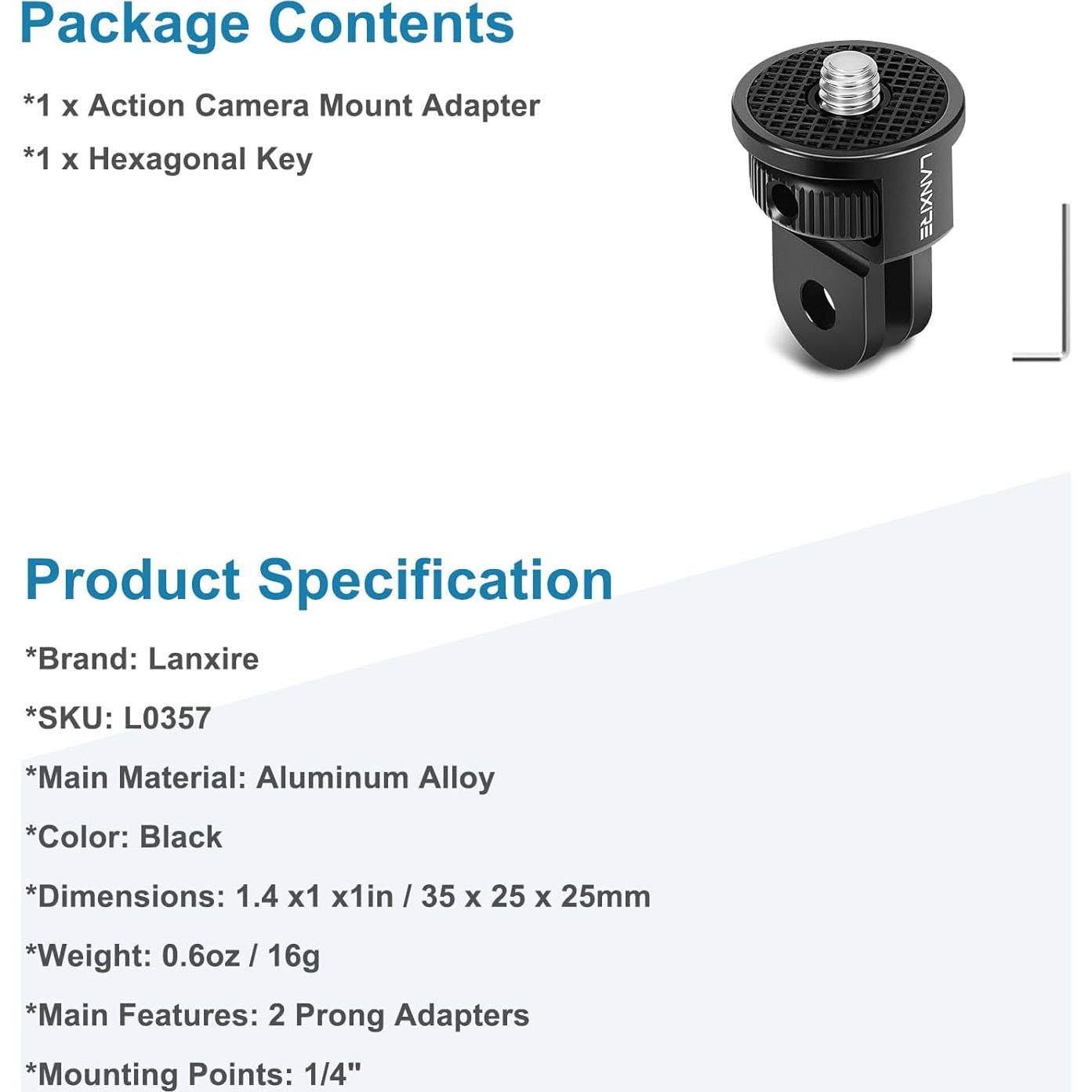 Action Camera Mount Adapter with 1/4" Screw, Aluminum Alloy Camera Tripod Adapter Compatible with GoPro Hero 13/12, Insta360 X4/X3, DJI Osmo Pocket 3, AKASO