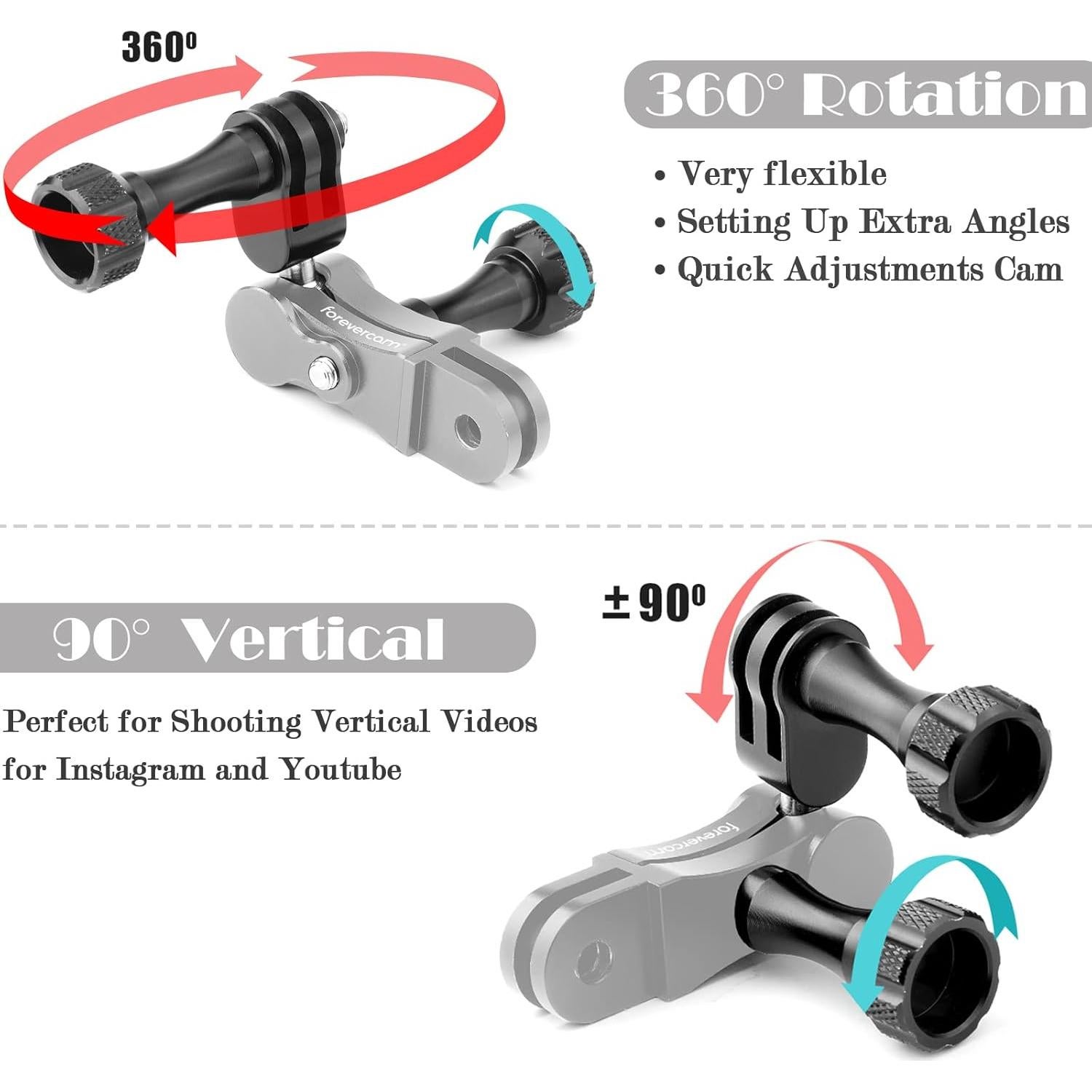 Forevercam Aluminum Extension Mount Gopro Hero 13/12/11/10/9/8/Insta360/AKASO/DJI Osmo Action Camera 360° Rotary Extension Arm Ball Joint Mount / 90 Degree Vertical Adapter Resistant Compatible