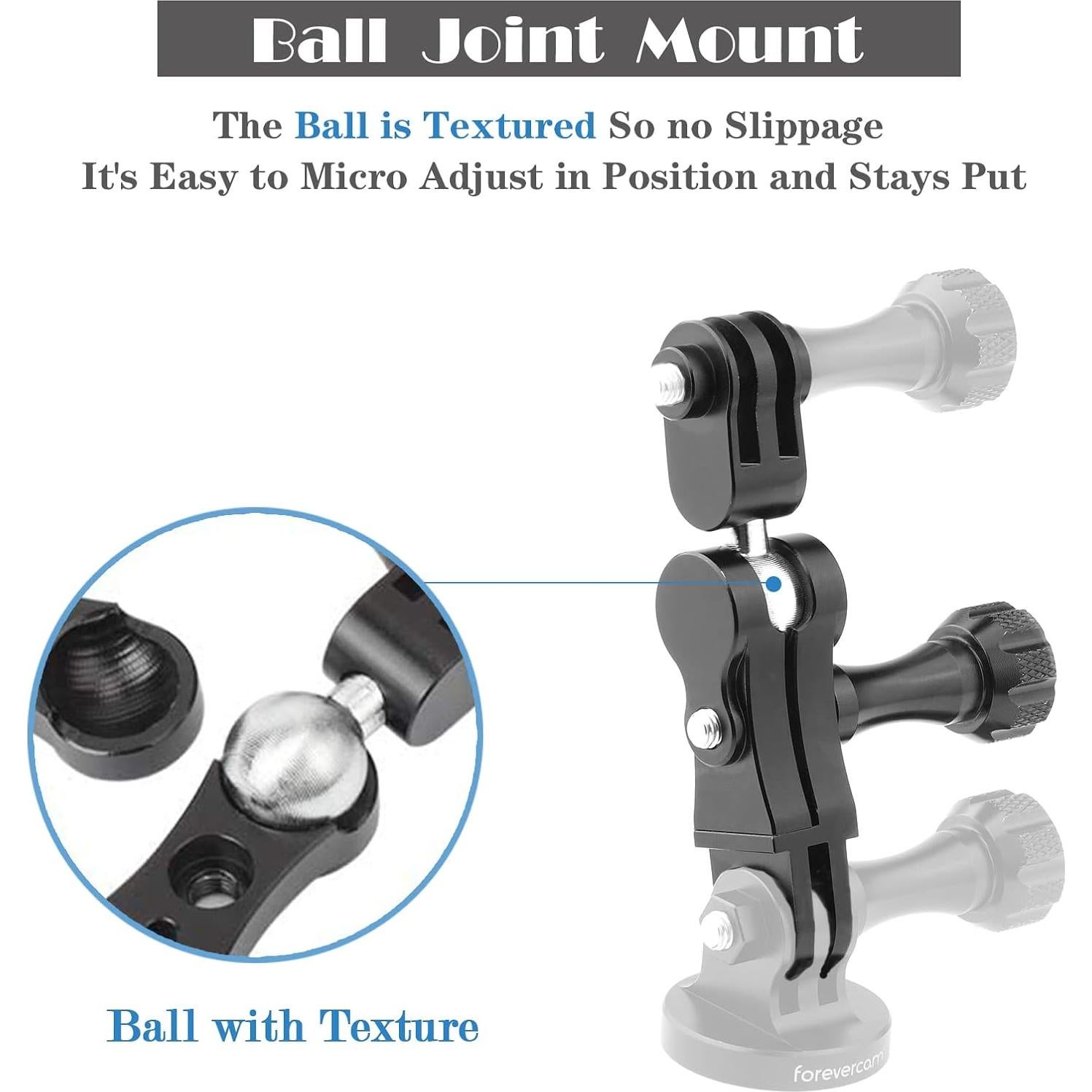 Forevercam Aluminum Extension Mount Gopro Hero 13/12/11/10/9/8/Insta360/AKASO/DJI Osmo Action Camera 360° Rotary Extension Arm Ball Joint Mount / 90 Degree Vertical Adapter Resistant Compatible
