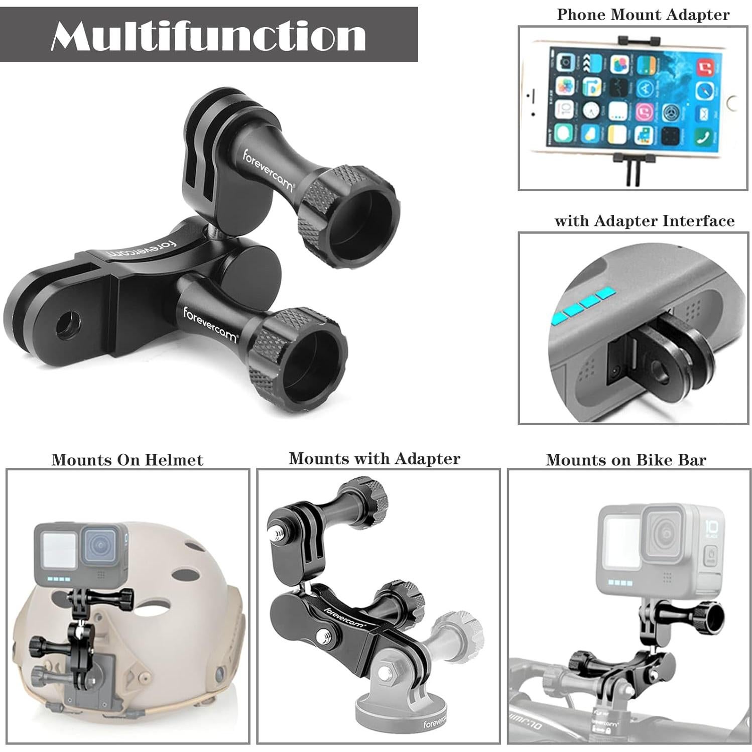 Forevercam Aluminum Extension Mount Gopro Hero 13/12/11/10/9/8/Insta360/AKASO/DJI Osmo Action Camera 360° Rotary Extension Arm Ball Joint Mount / 90 Degree Vertical Adapter Resistant Compatible