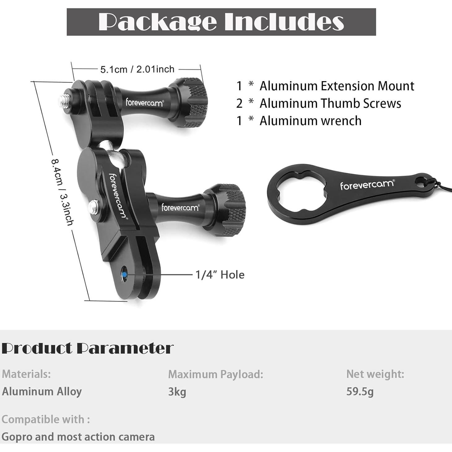 Forevercam Aluminum Extension Mount Gopro Hero 13/12/11/10/9/8/Insta360/AKASO/DJI Osmo Action Camera 360° Rotary Extension Arm Ball Joint Mount / 90 Degree Vertical Adapter Resistant Compatible