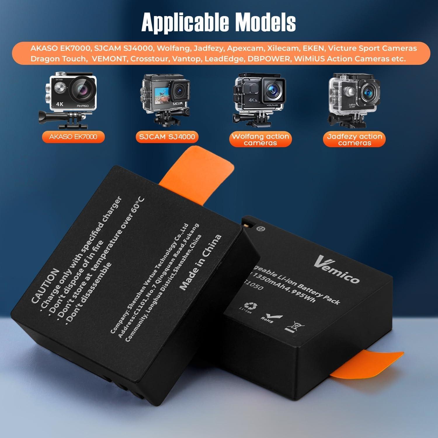 Action Camera Battery Charger 3-Pack 1350mAh PG1050 Battery LED Dual-Charger Box USB-C Cable for AKASO EK7000,Brave 4,EK7000 pro,SJCAM SJ4000,Wolfang,Dragon Touch,Apexcam Sport Cameras