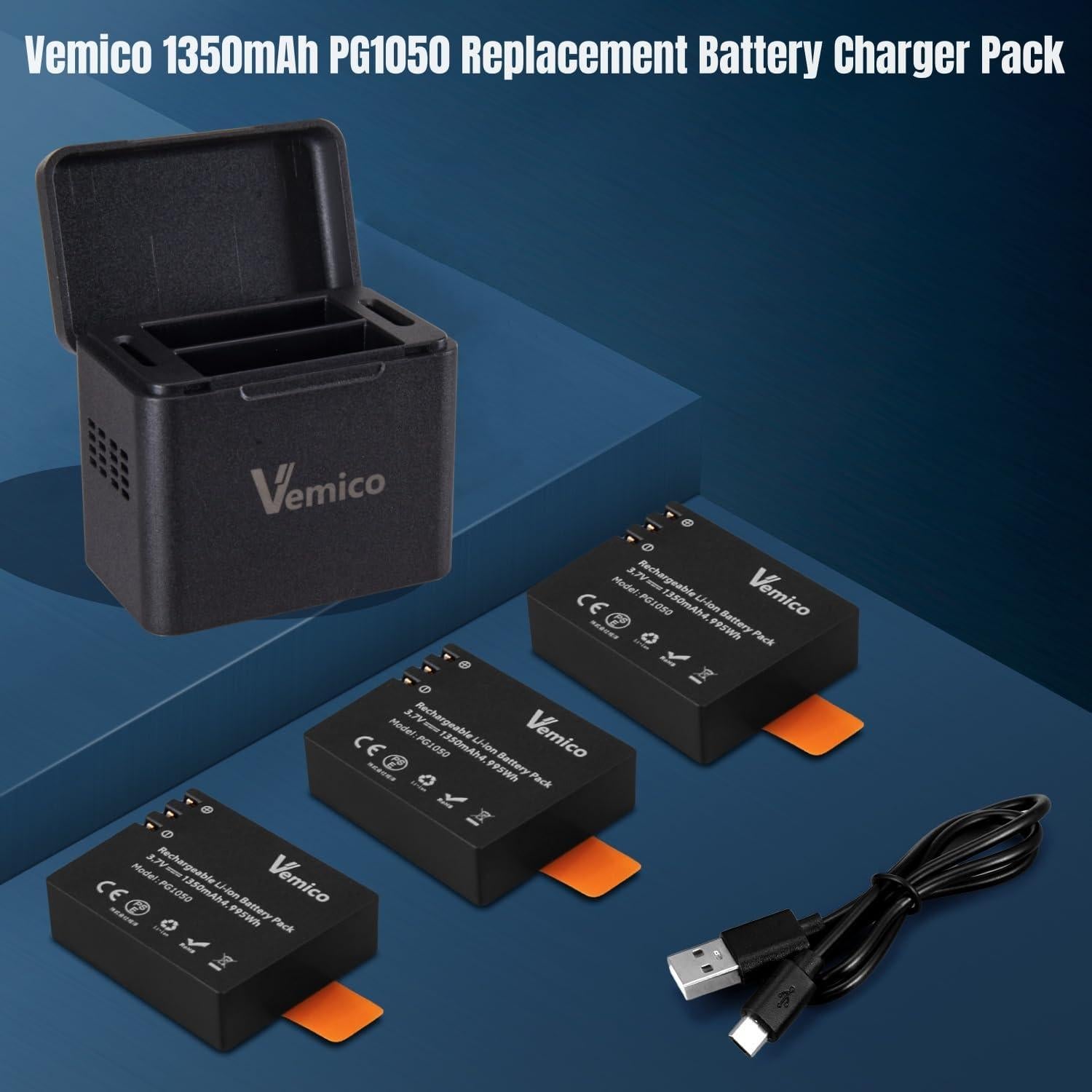 Action Camera Battery Charger 3-Pack 1350mAh PG1050 Battery LED Dual-Charger Box USB-C Cable for AKASO EK7000,Brave 4,EK7000 pro,SJCAM SJ4000,Wolfang,Dragon Touch,Apexcam Sport Cameras