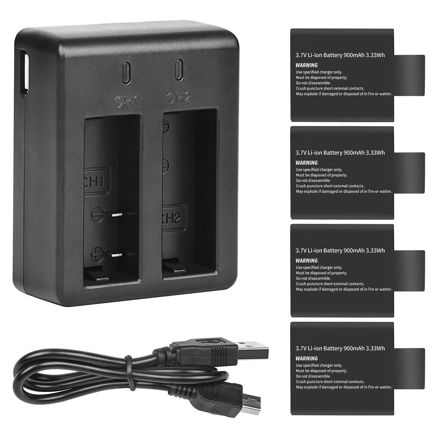 Cargador Doble D&F con 4 Baterías Li-ion 3.7V 900mAh para SJCAM
