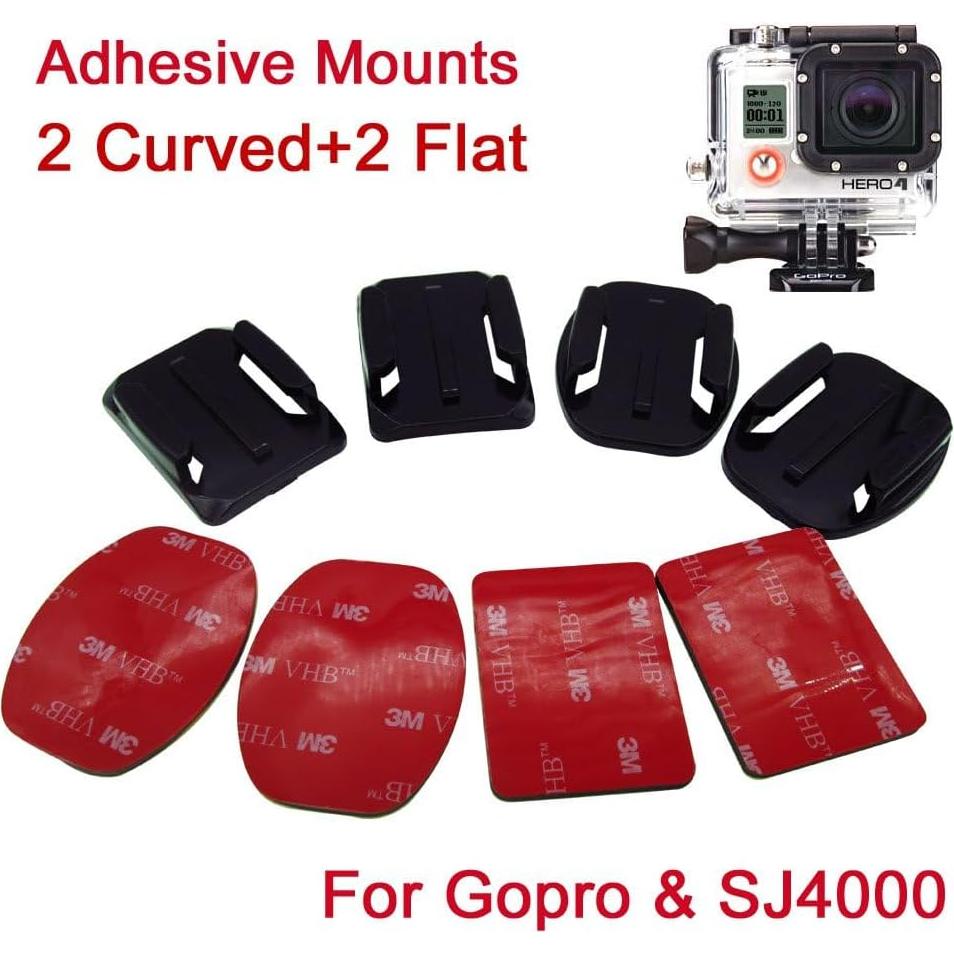 3M Adhesive Pads 2 x Flat and Curved Mounts, Compatible with GoPro Hero 13 12 11 10 9 8 7 6 5 4 3+ 3 SJCAM YI Noise Play and Other Action Cameras