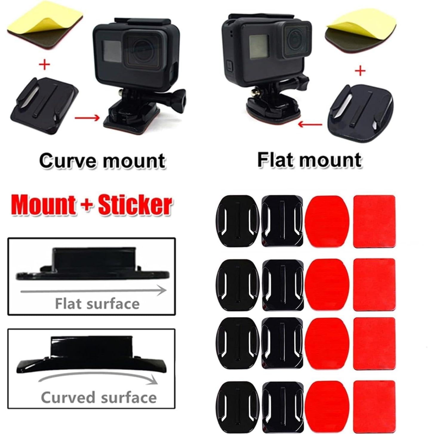 3M VHB Adhesive Mounts 4 Curved 4 Flat Sticker,2 Basic Buckle,2 Screw,2 J Hook for Helmet | Skateboard Compatible with GoPro Hero 13/12/11/10/9/8/7/6/5/4/3+/3/SJCAM/Yi/4K Eken Action Camera