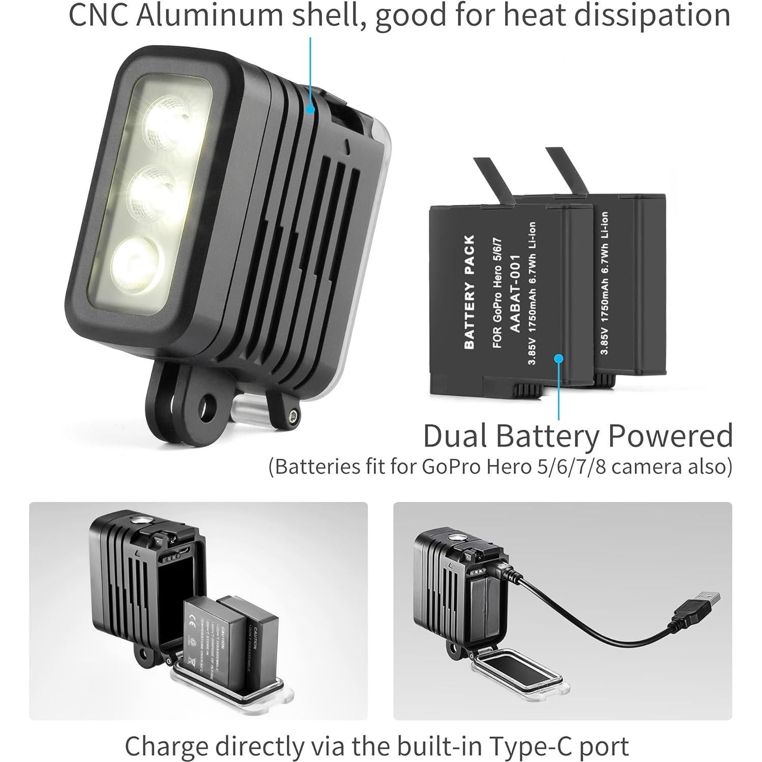 Luz de Buceo SOONSUN 450 Lúmenes IP68 para GoPro y DJI