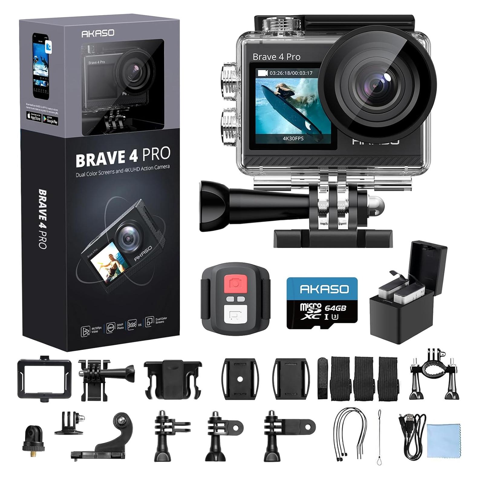 Cámara de acción AKASO Brave 4 Pro 4K30, 20MP, EIS, 64GB