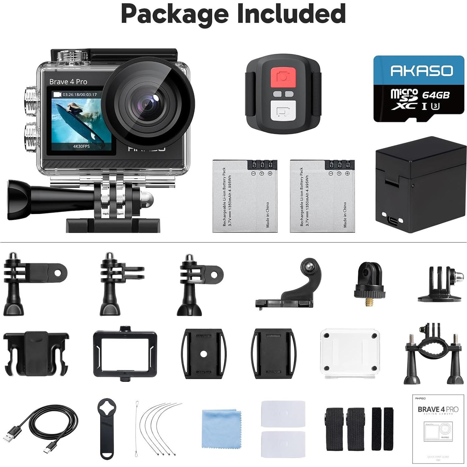 Cámara de acción AKASO Brave 4 Pro 4K30, 20MP, EIS, 64GB