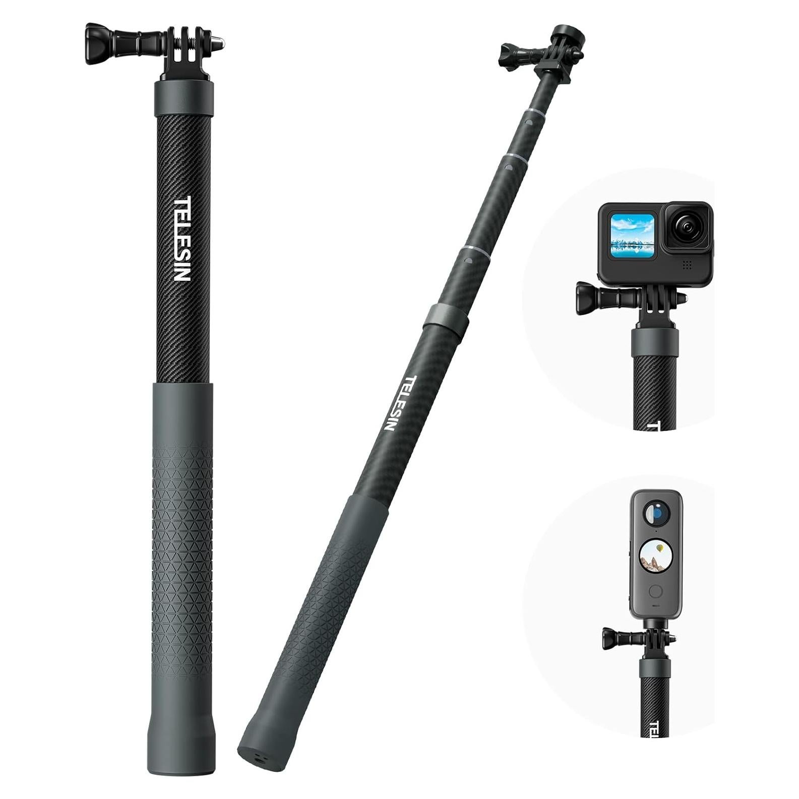 Palo Selfie Extensible TELESIN 1.2m Fibra de Carbono Impermeable