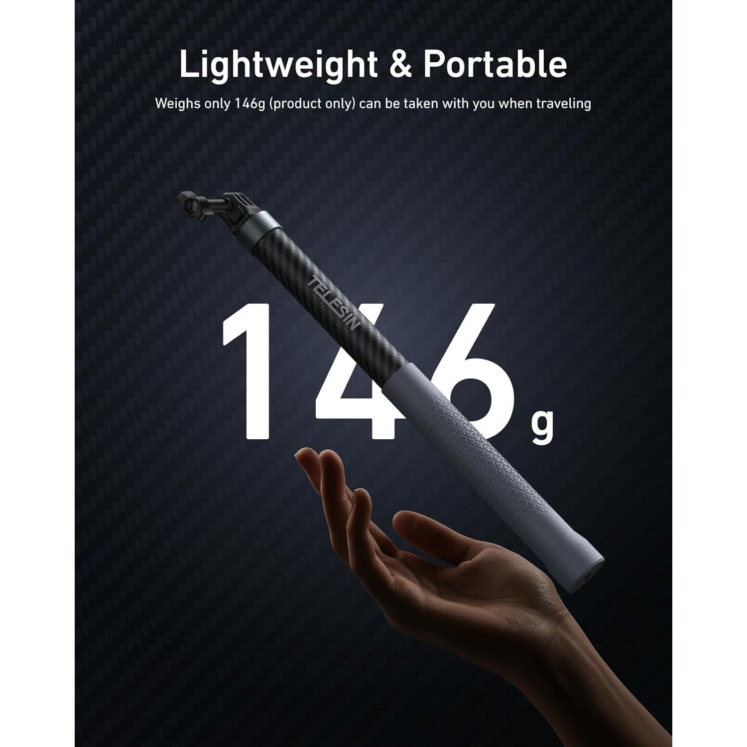 Palo Selfie Extensible TELESIN 1.2m Fibra de Carbono Impermeable